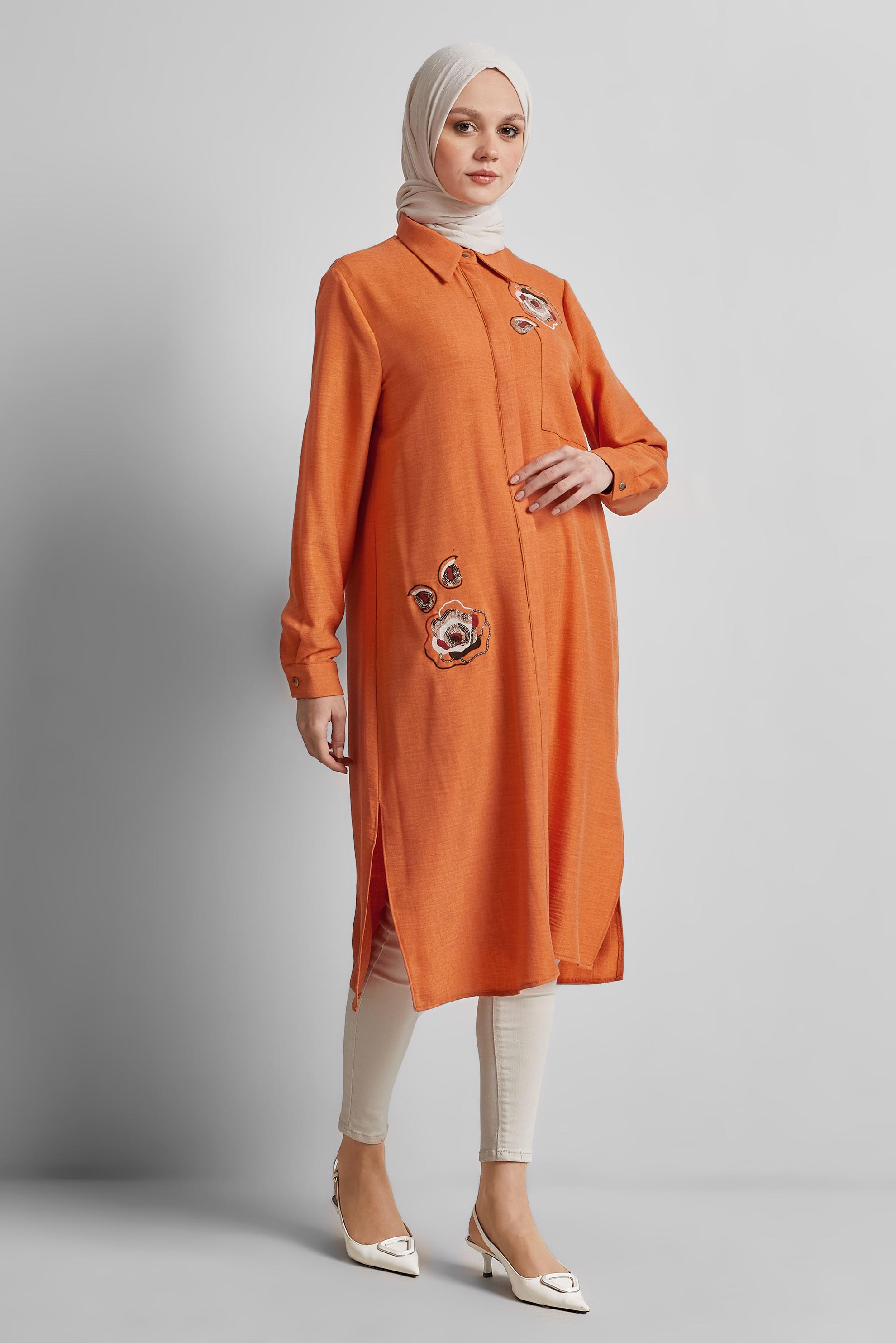 Tesettür giyim TURUNCU İŞLEME DETAYLI TUNİK 44774