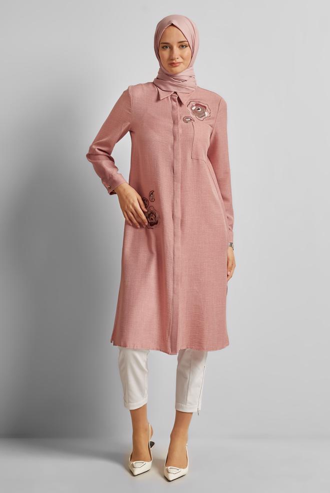 Vêtements hijab POUDRE TUNIQUE BRODÉE 44774 - ALVİNA