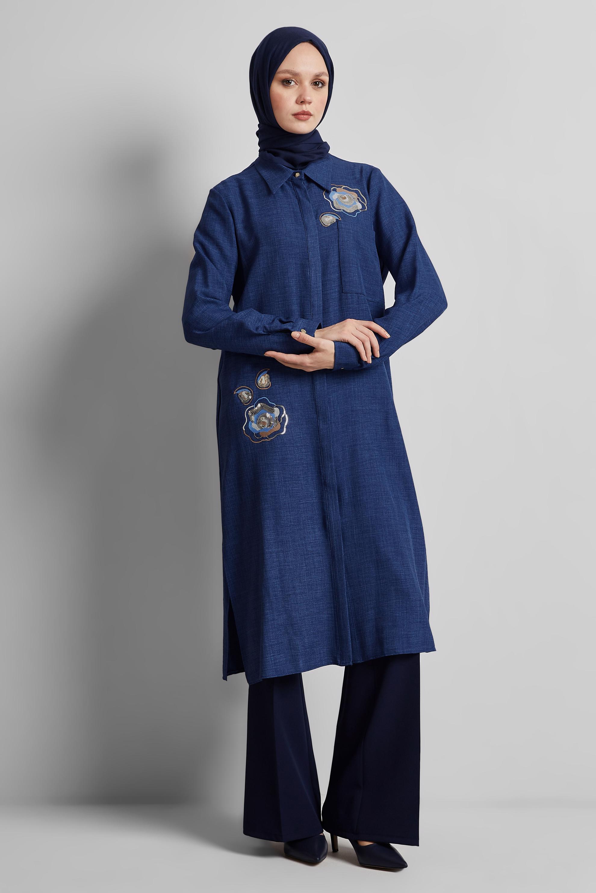 Tesettür giyim LACİVERT İŞLEME DETAYLI TUNİK 44774