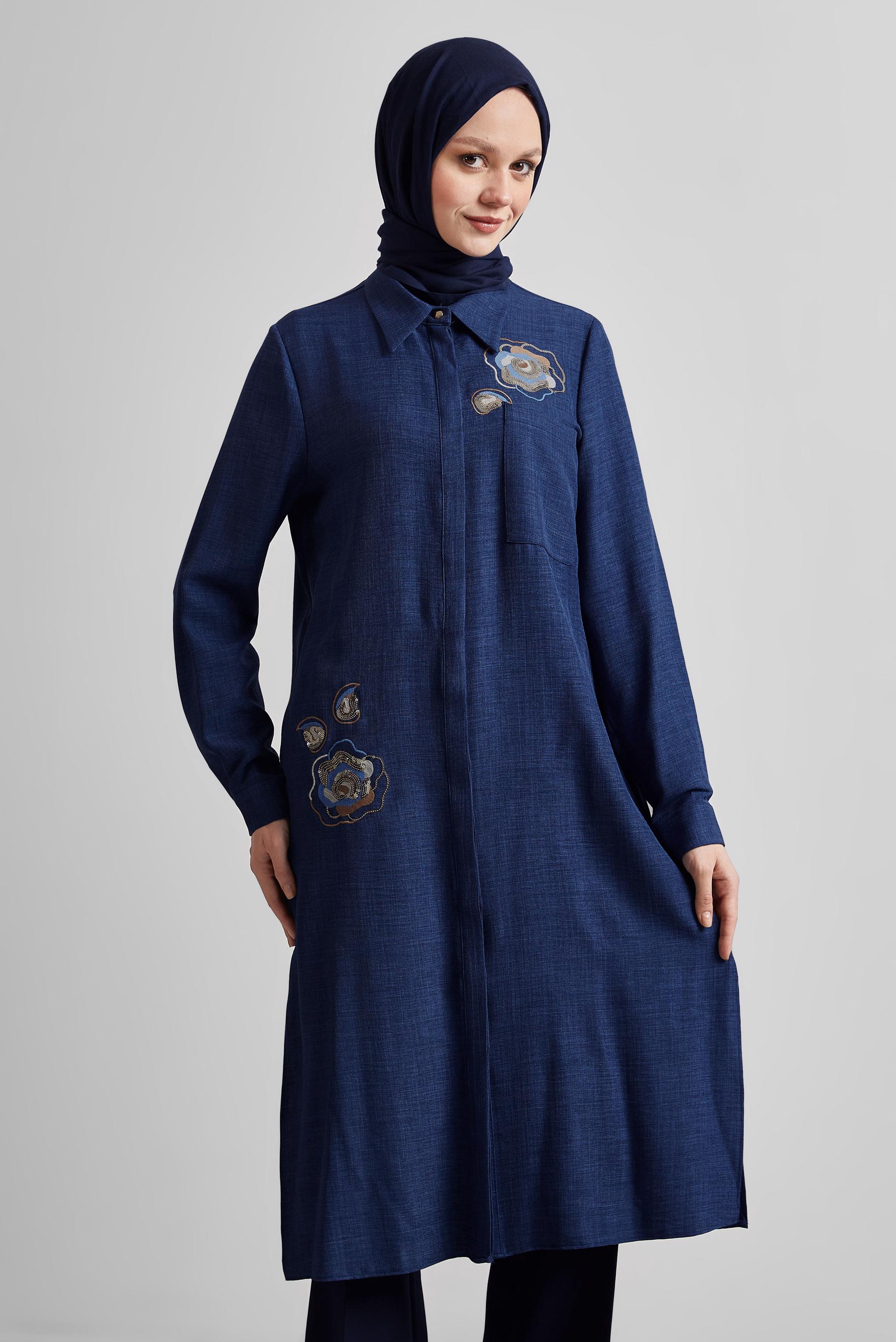 Tesettür giyim LACİVERT İŞLEME DETAYLI TUNİK 44774