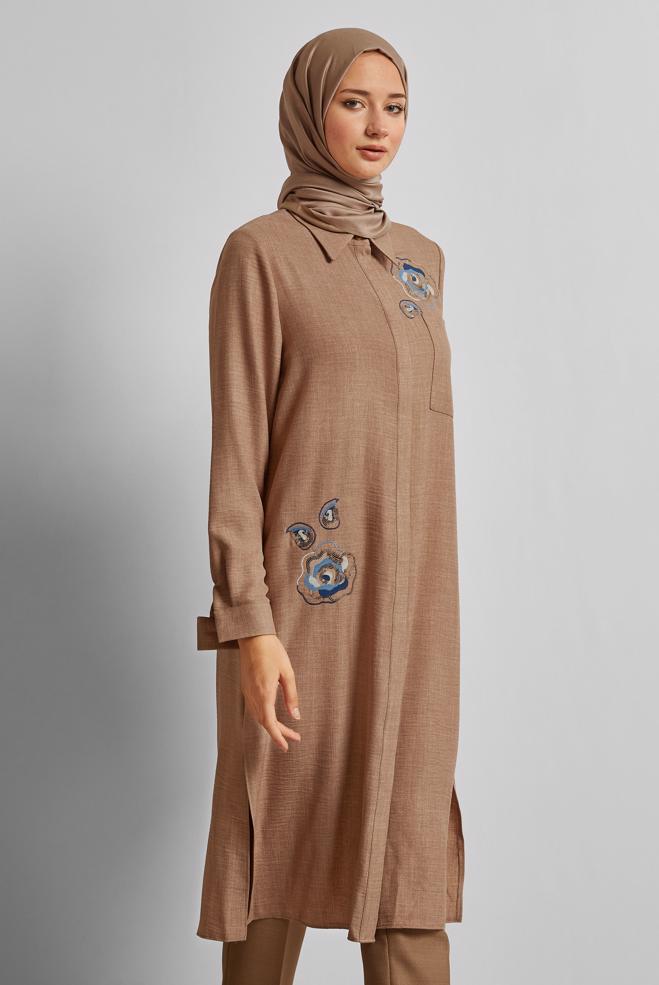 Vêtements hijab BRUN TUNIQUE BRODÉE 44774 - ALVİNA