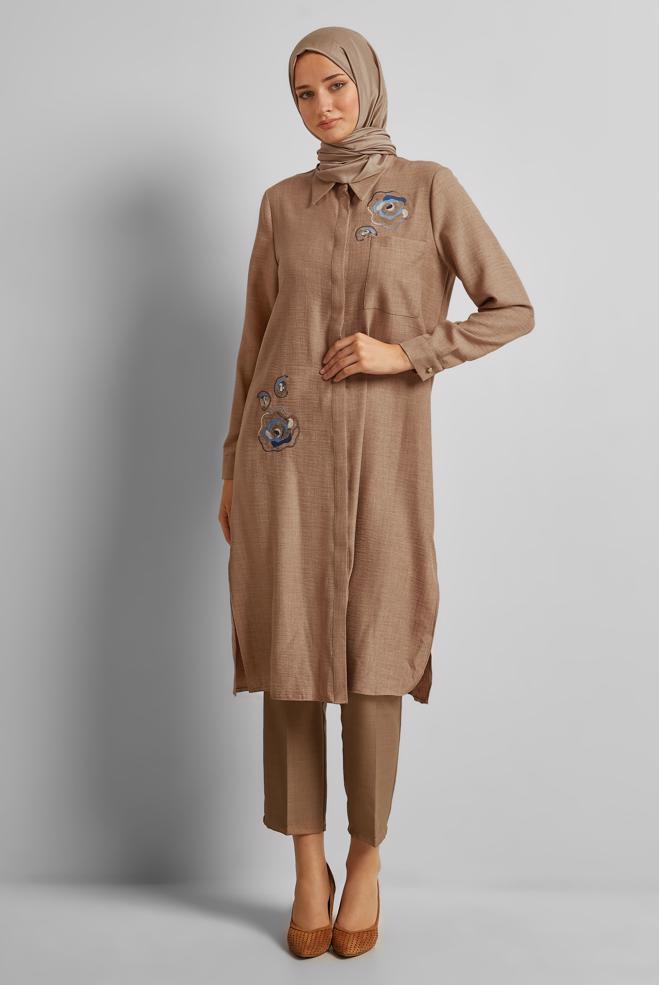 Vêtements hijab BRUN TUNIQUE BRODÉE 44774 - ALVİNA