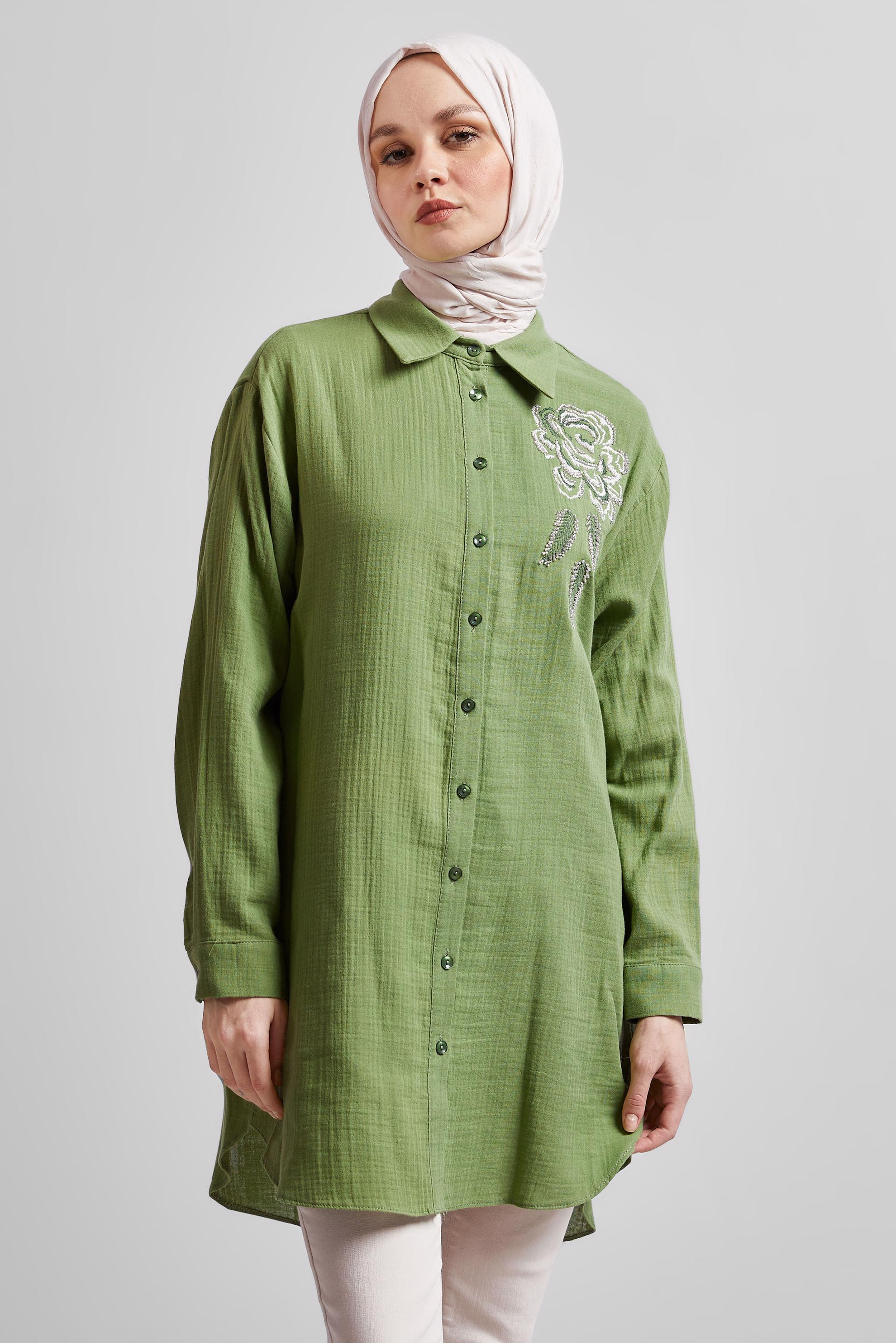 Tesettür giyim YEŞİL PAMUKLU TUNİK 44775