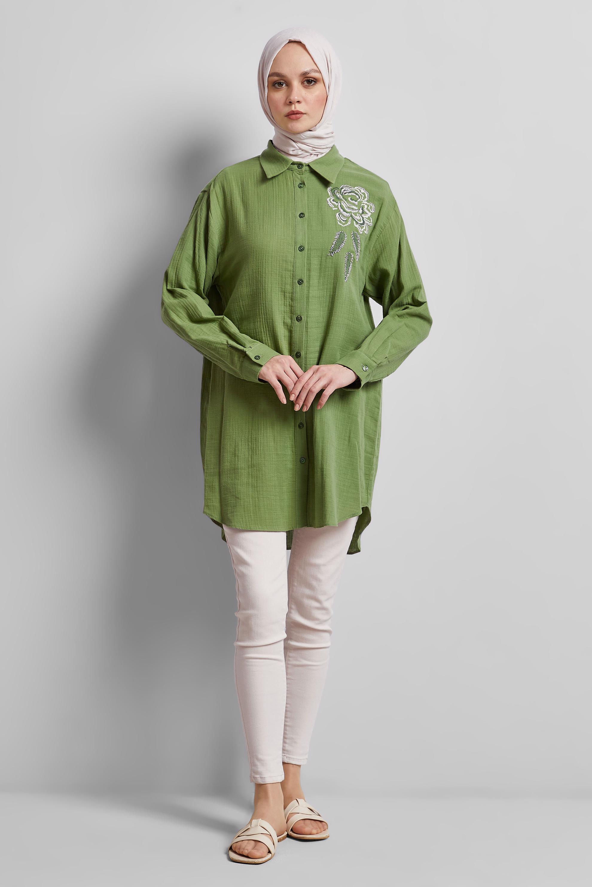 Tesettür giyim YEŞİL PAMUKLU TUNİK 44775