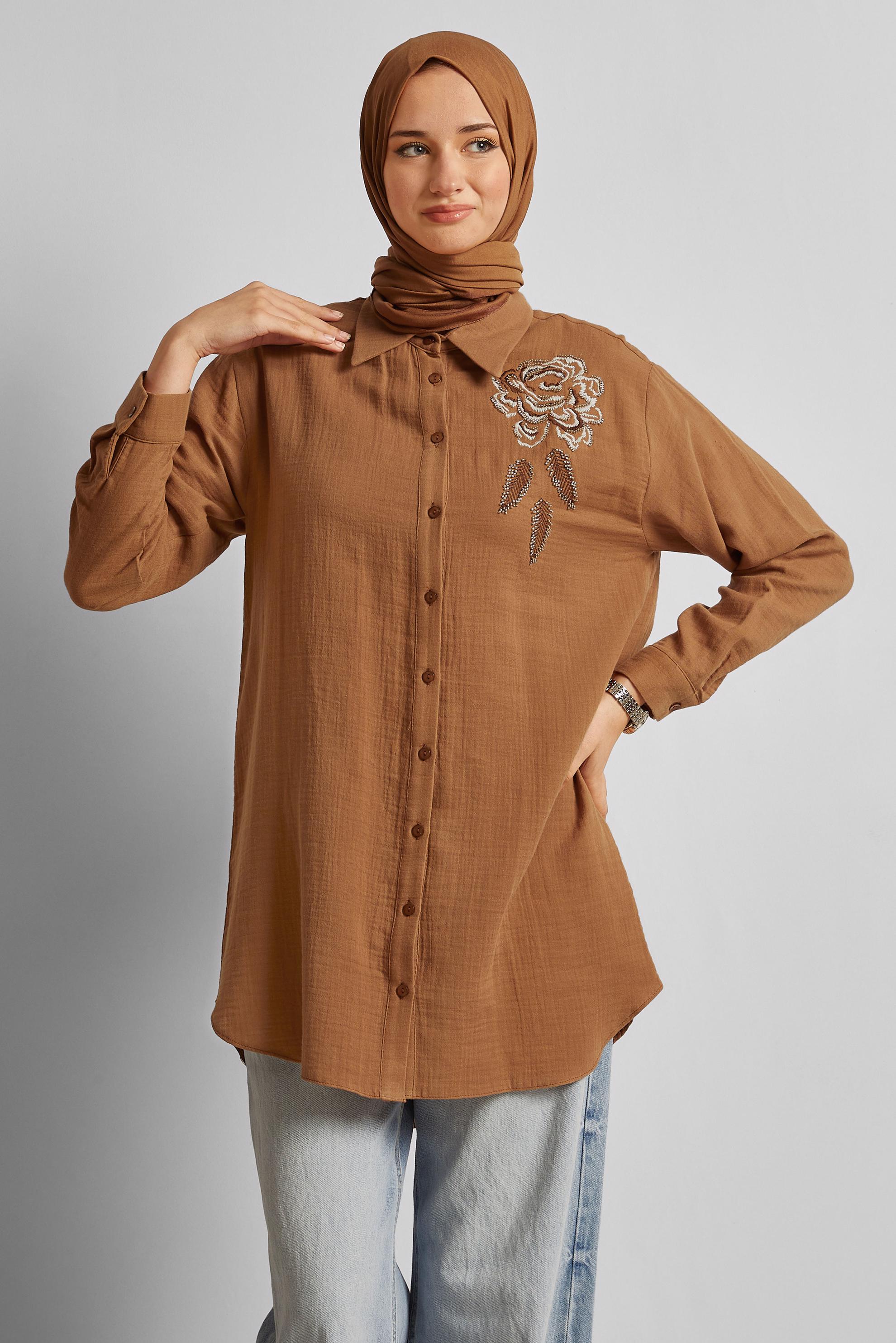 Tesettür giyim TABA PAMUKLU TUNİK 44775