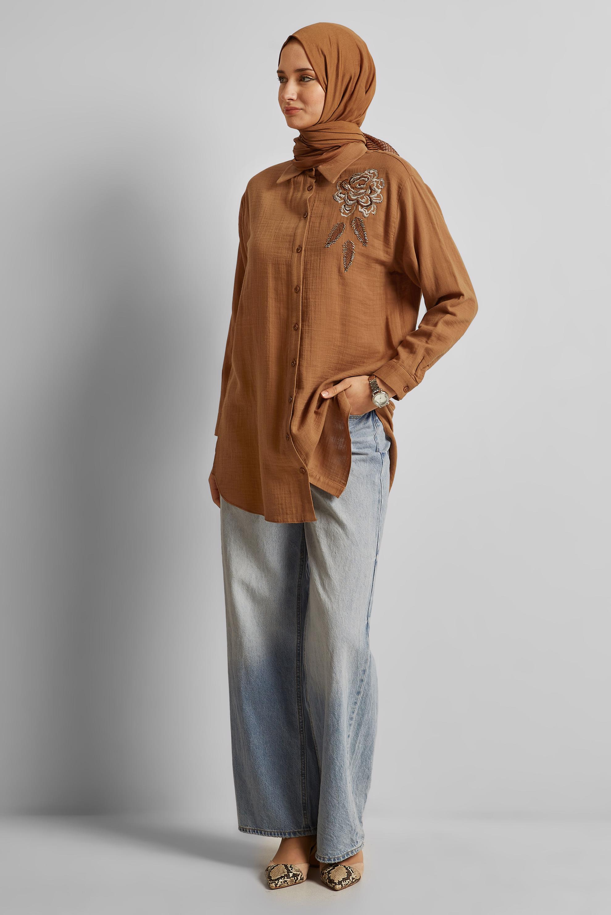 Tesettür giyim TABA PAMUKLU TUNİK 44775