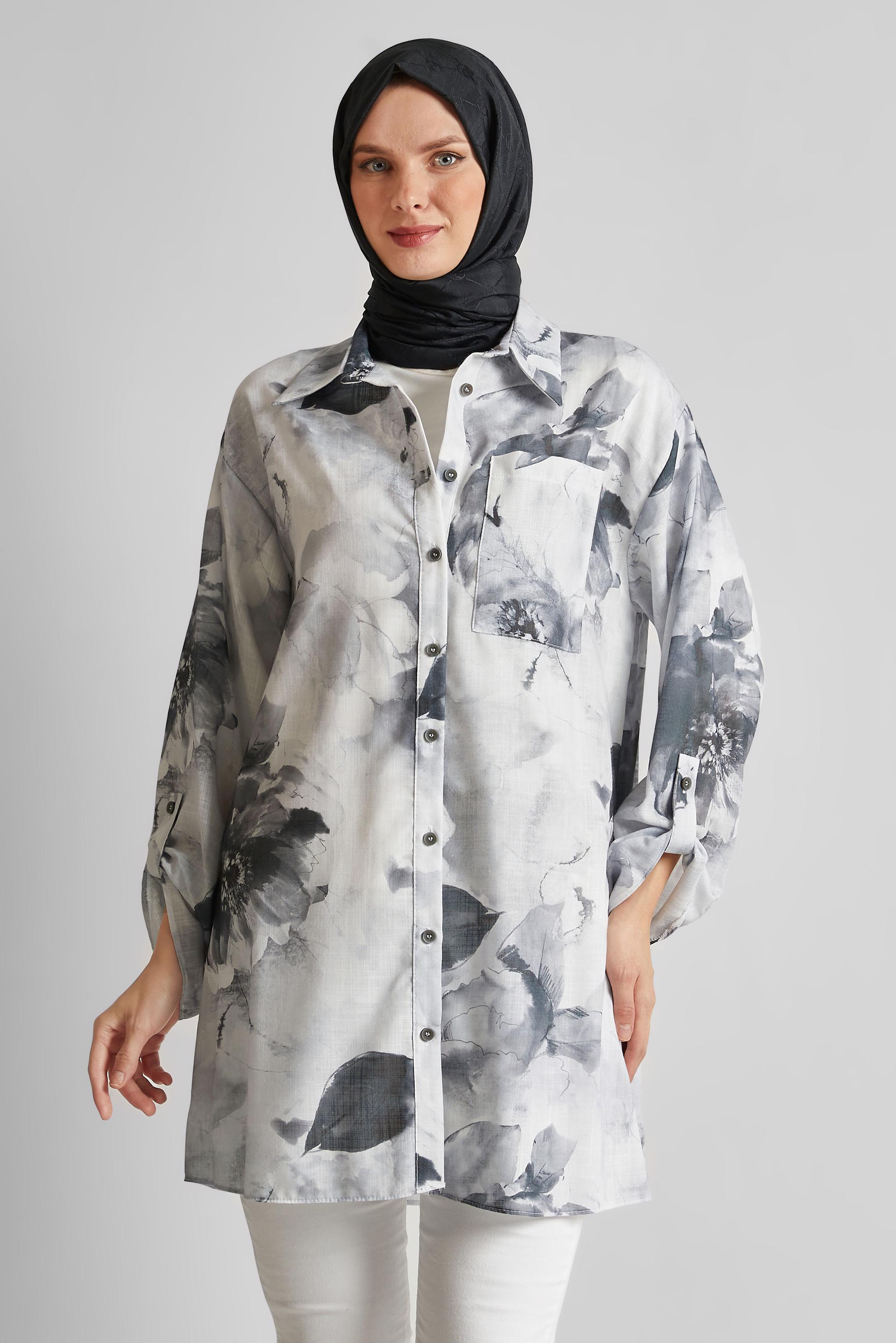 Tesettür giyim SİYAH DESENLİ GÖMLEK TUNİK 44781