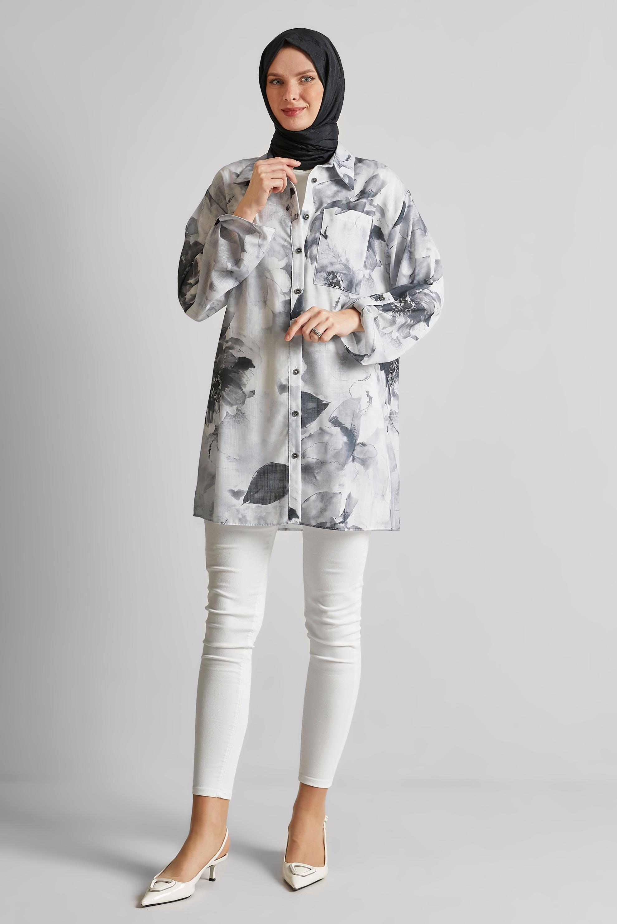 Tesettür giyim SİYAH DESENLİ GÖMLEK TUNİK 44781