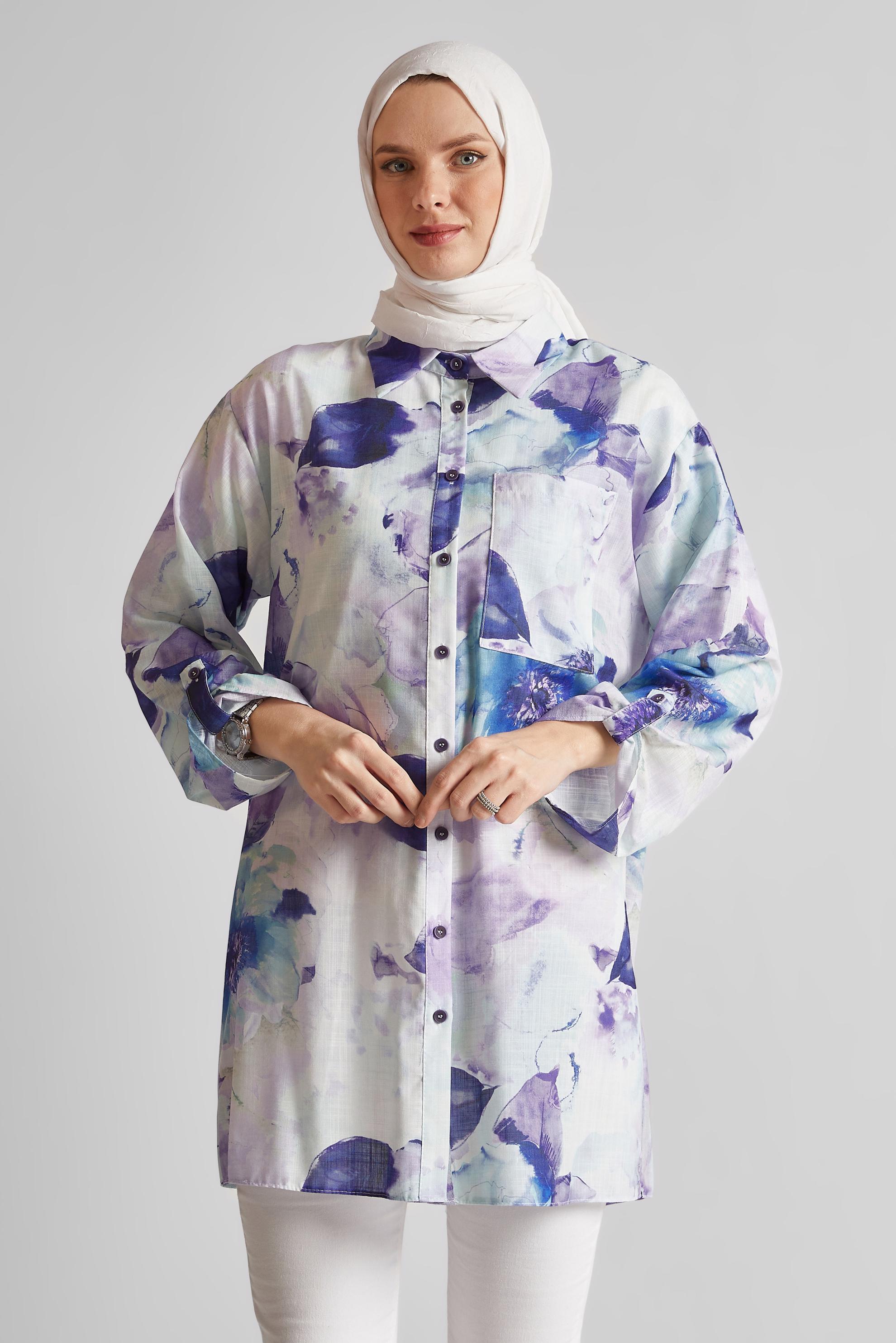 Tesettür giyim MOR DESENLİ GÖMLEK TUNİK 44781