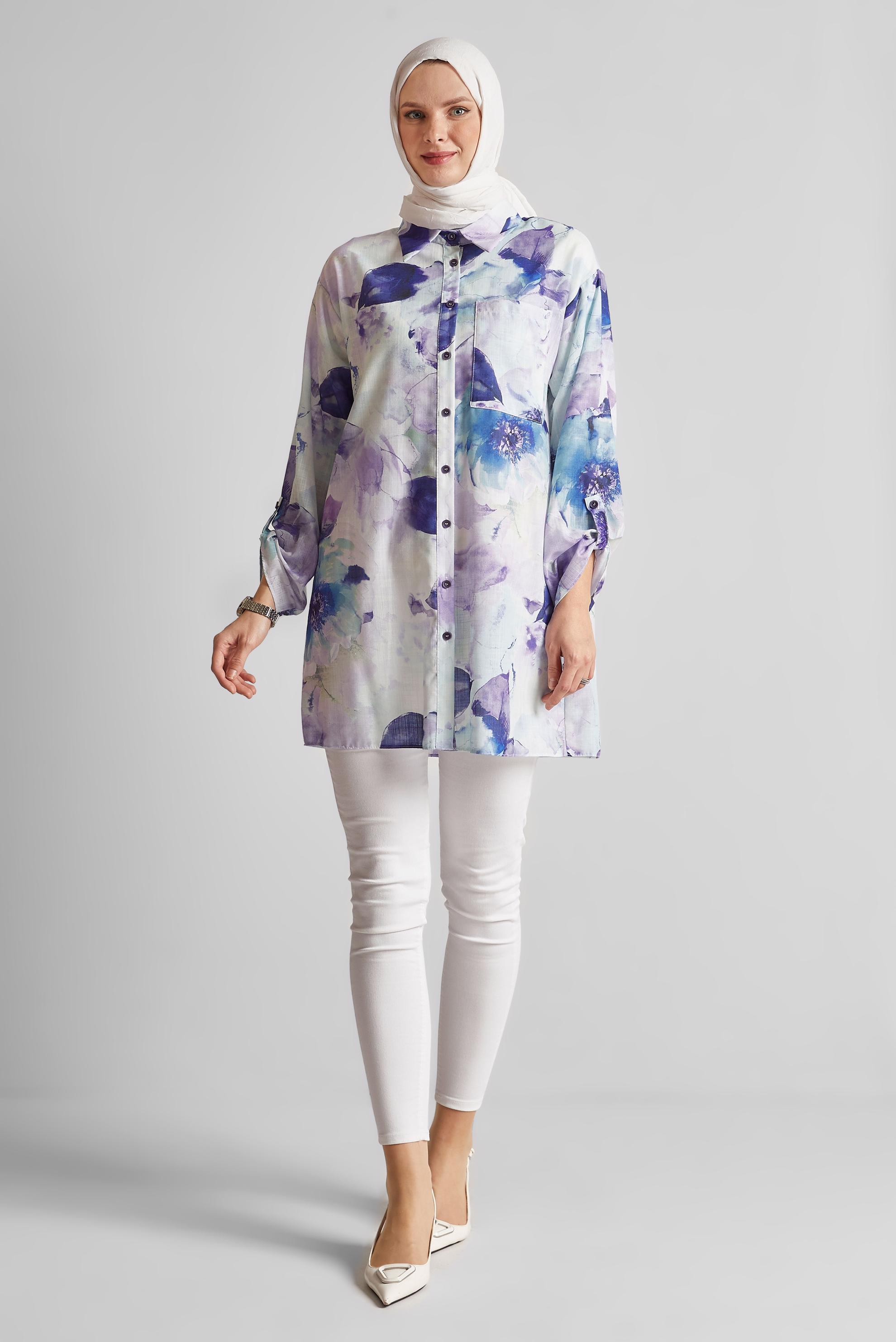 Tesettür giyim MOR DESENLİ GÖMLEK TUNİK 44781