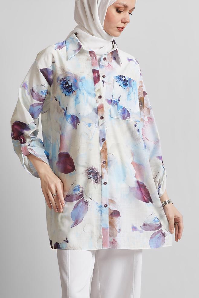 Tesettür giyim MAVİ DESENLİ GÖMLEK TUNİK 44781 - ALVİNA