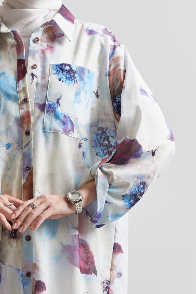 Tesettür giyim MAVİ DESENLİ GÖMLEK TUNİK 44781 - ALVİNA