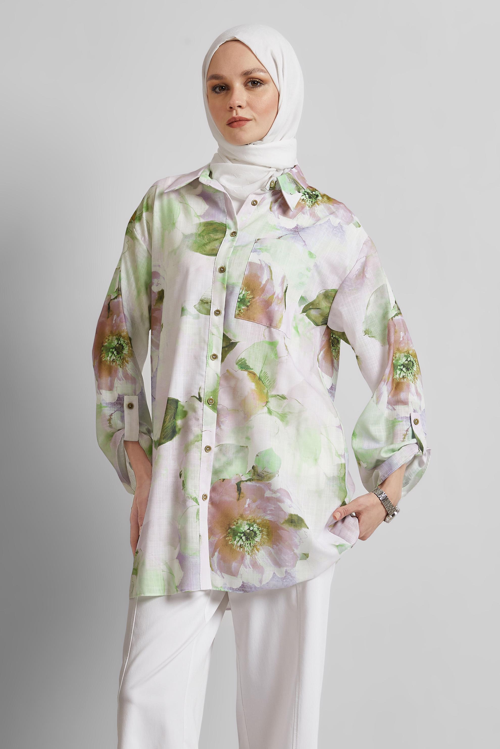 Tesettür giyim HAKİ DESENLİ GÖMLEK TUNİK 44781