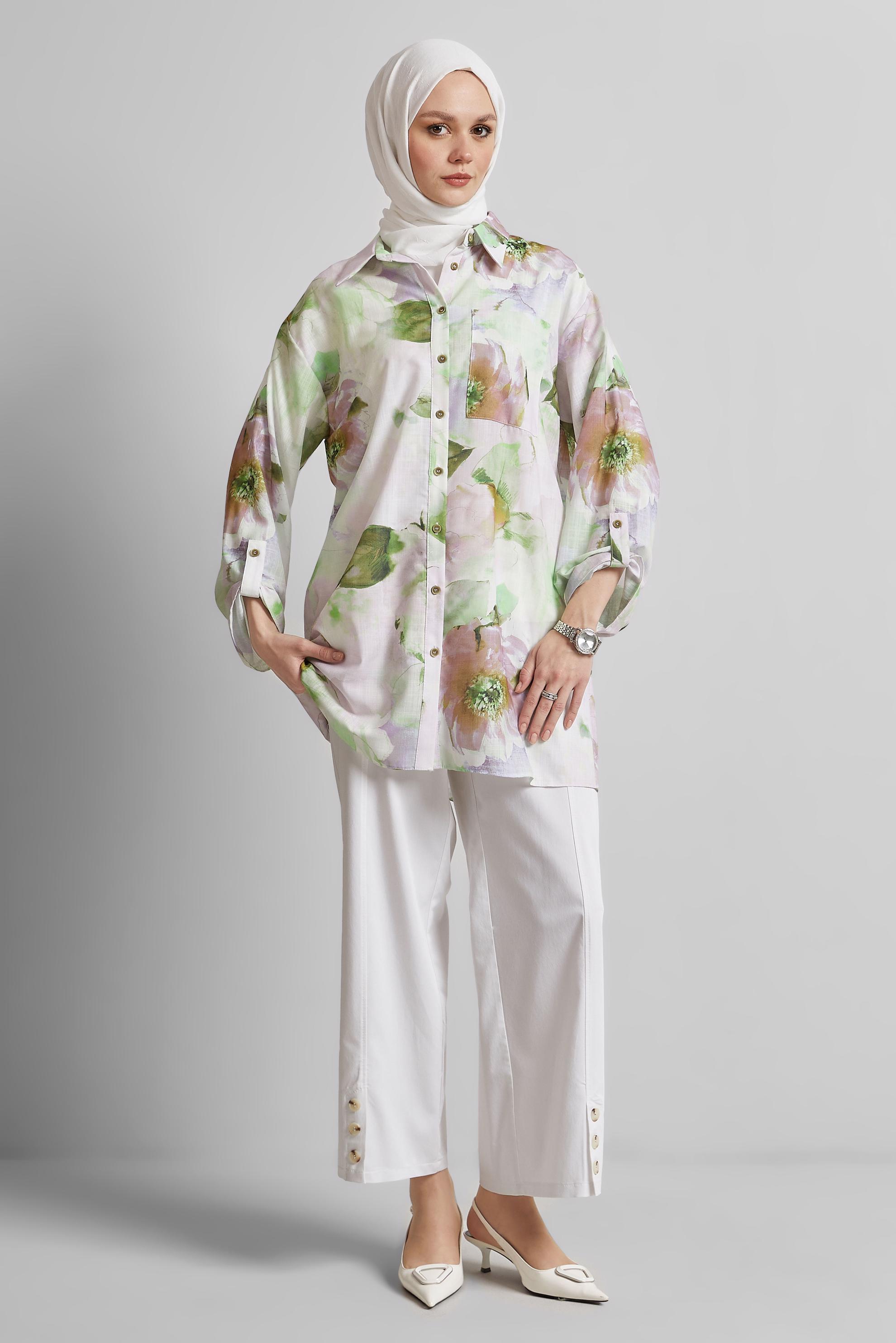 Tesettür giyim HAKİ DESENLİ GÖMLEK TUNİK 44781