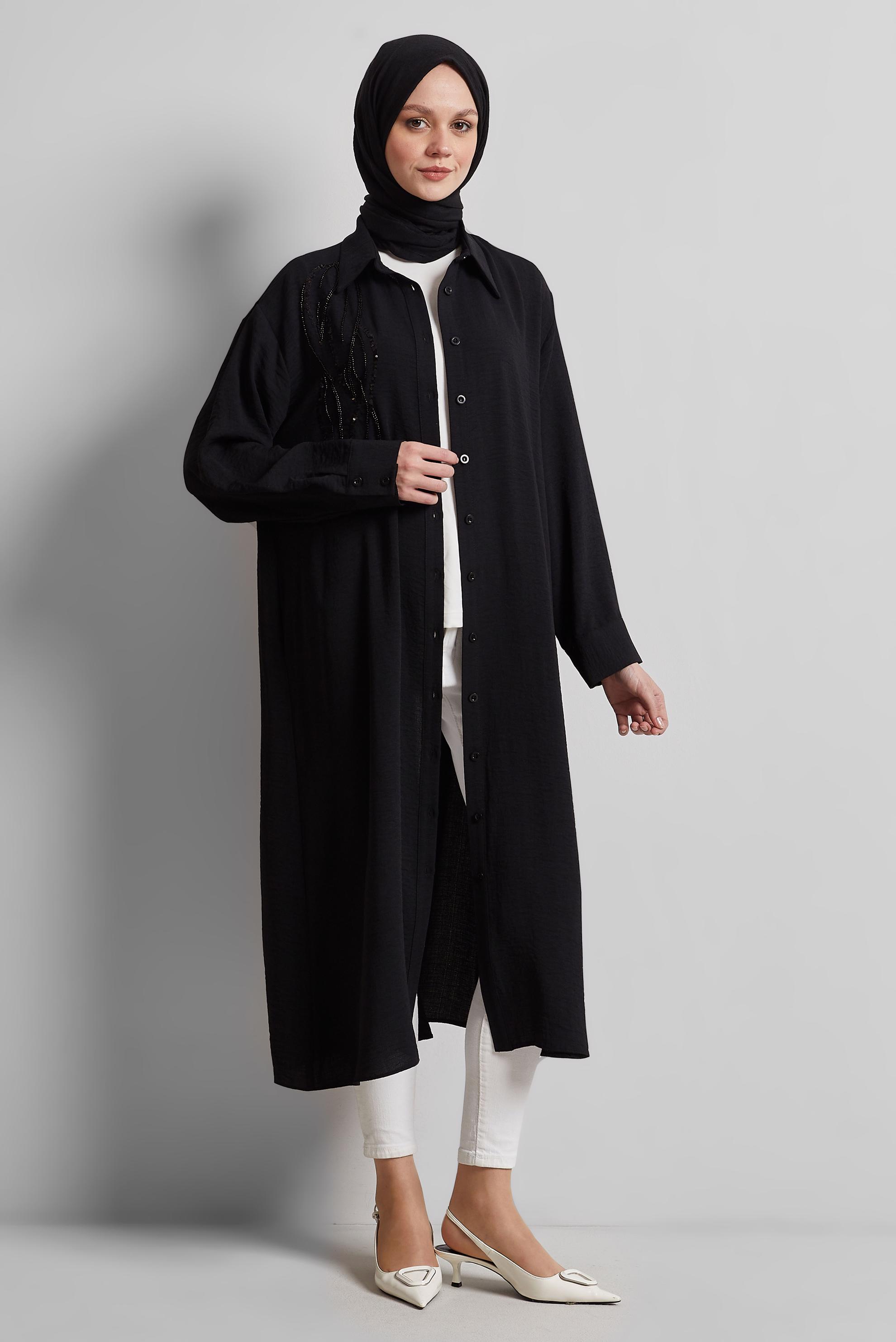 Tesettür giyim SİYAH BONCUK İŞLEMELİ UZUN TUNİK 44783