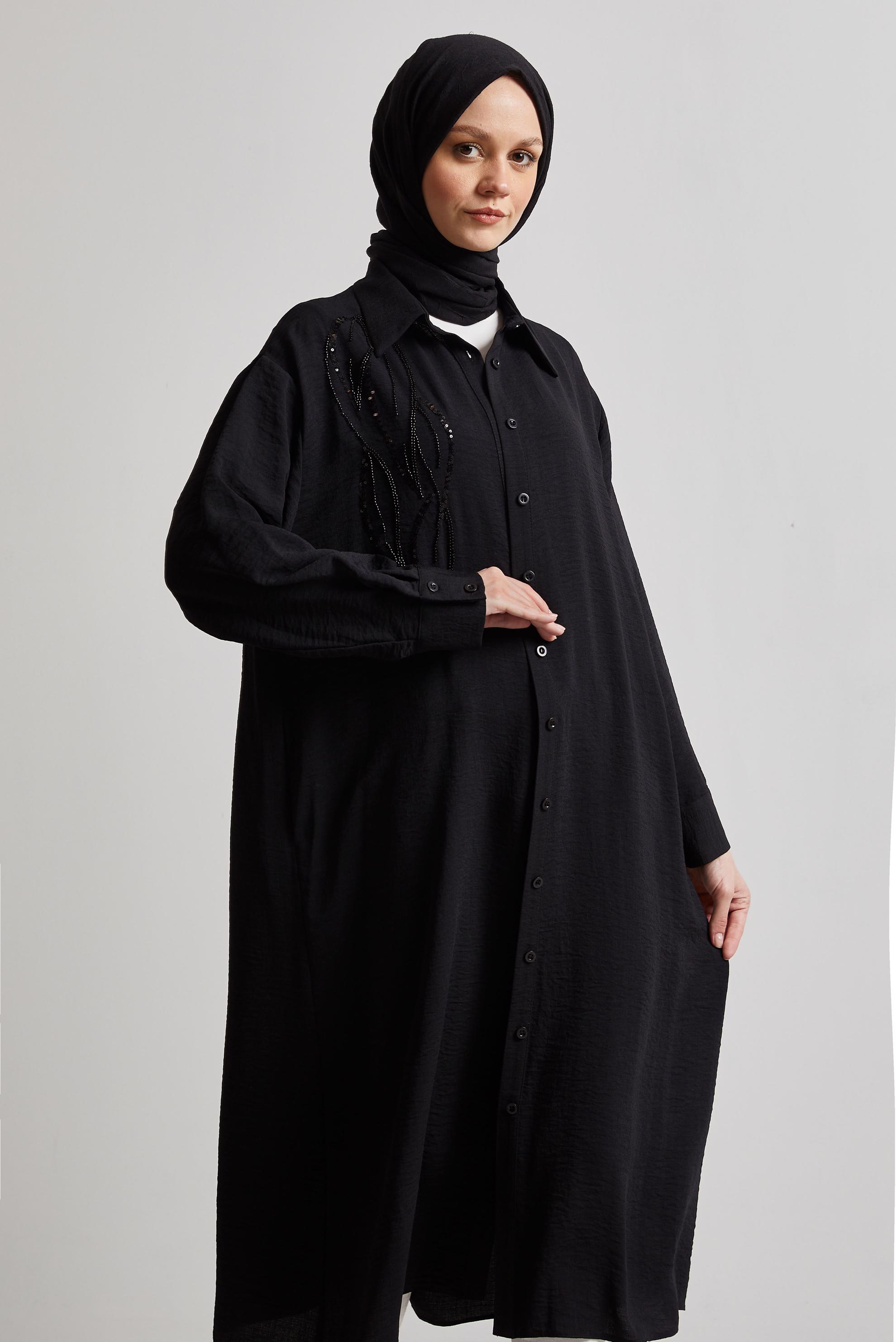 Tesettür giyim SİYAH BONCUK İŞLEMELİ UZUN TUNİK 44783