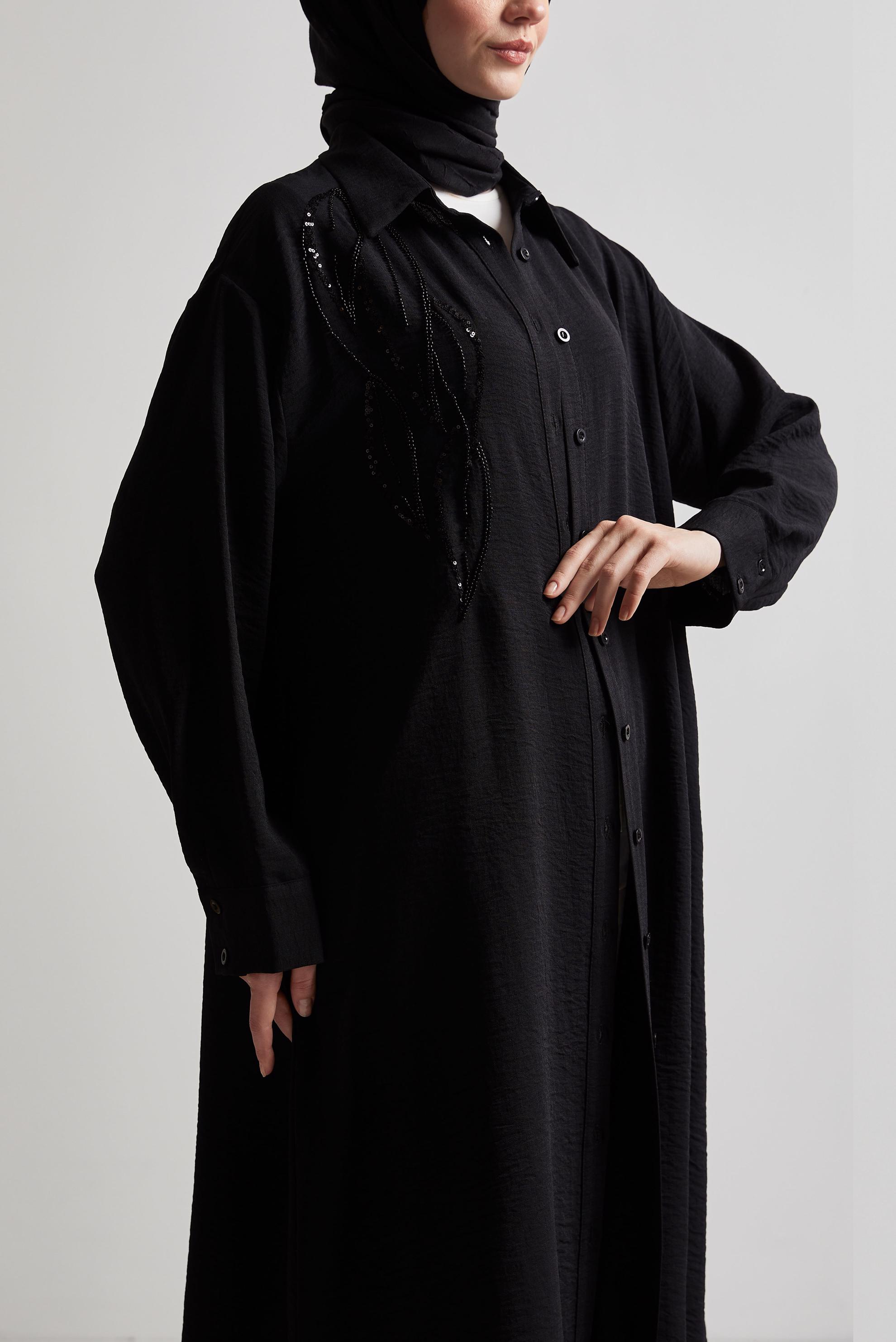 Tesettür giyim SİYAH BONCUK İŞLEMELİ UZUN TUNİK 44783