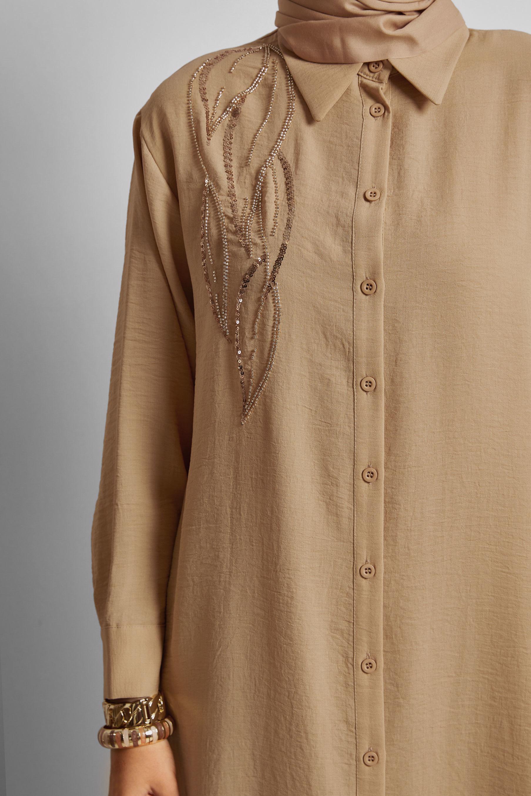 Tesettür giyim BEJ BONCUK İŞLEMELİ UZUN TUNİK 44783