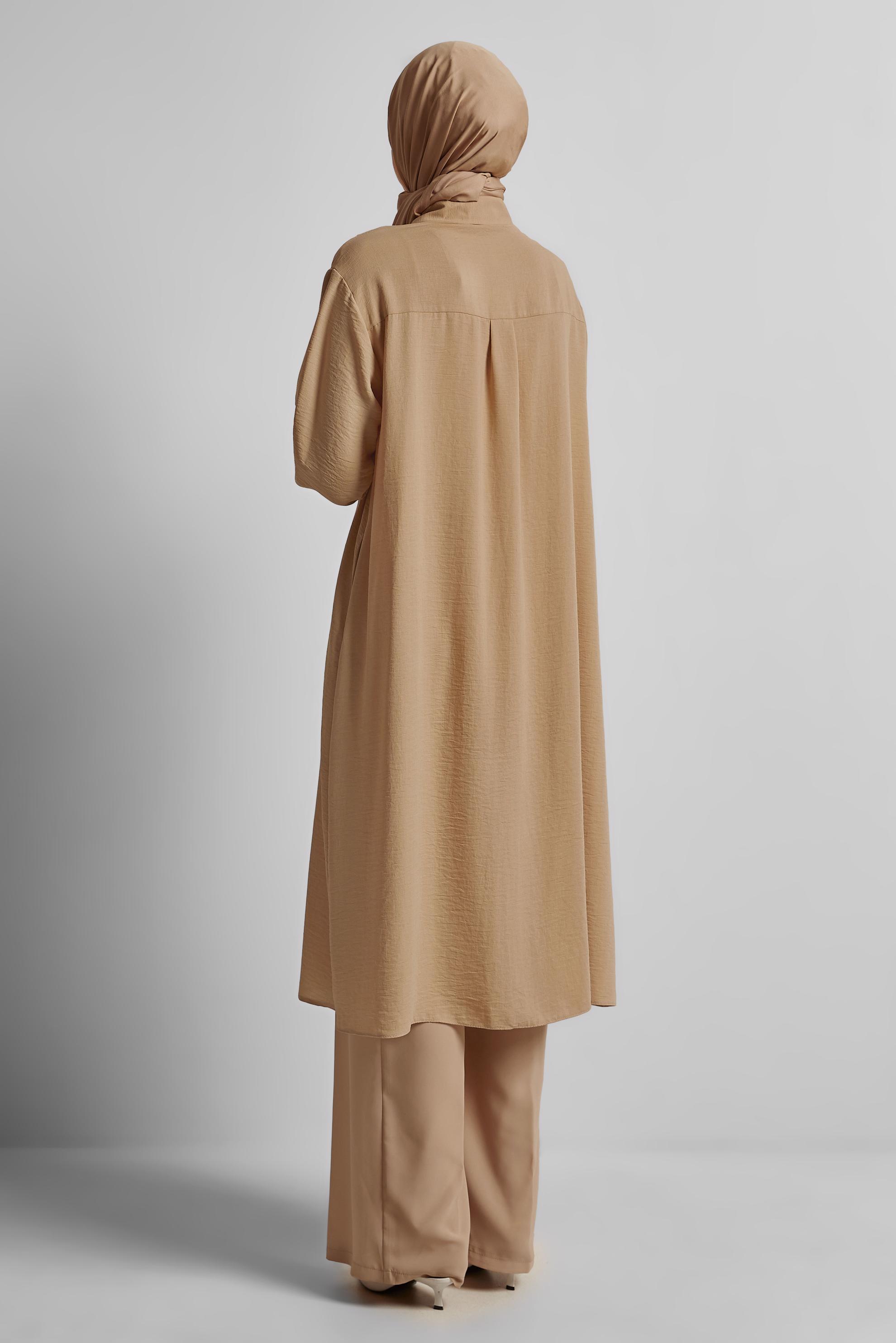 Tesettür giyim BEJ BONCUK İŞLEMELİ UZUN TUNİK 44783