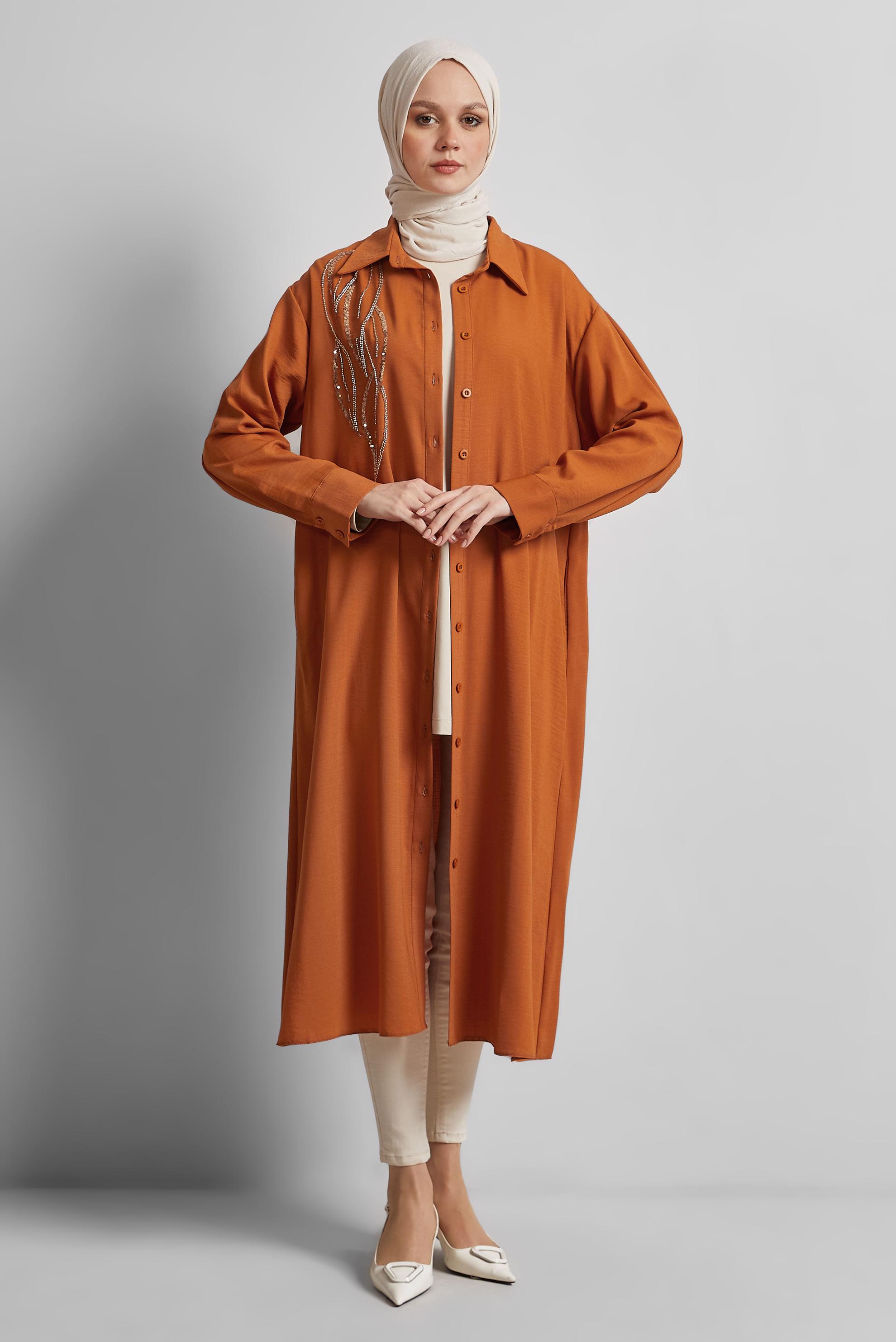 Tesettür giyim TURUNCU BONCUK İŞLEMELİ UZUN TUNİK 44783