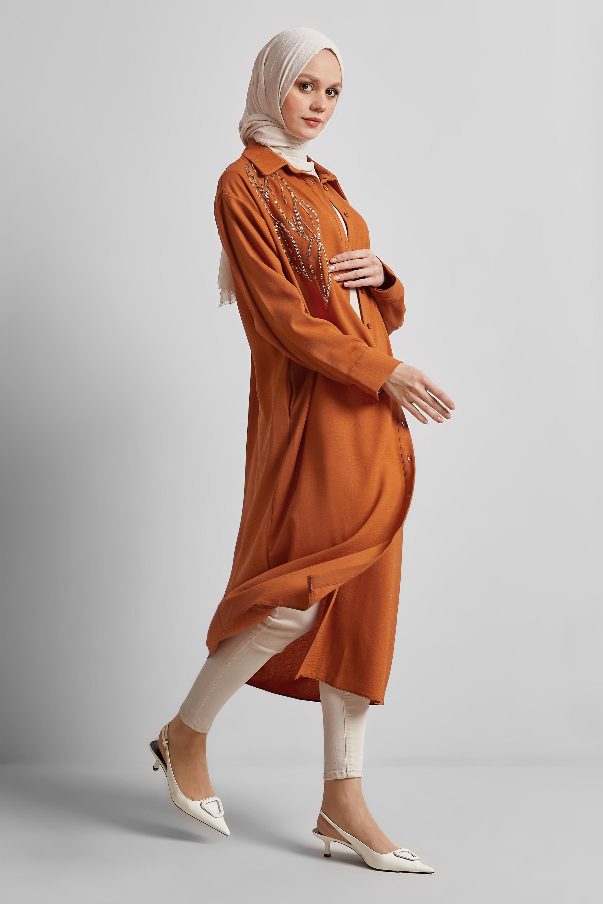 Tesettür giyim TURUNCU BONCUK İŞLEMELİ UZUN TUNİK 44783