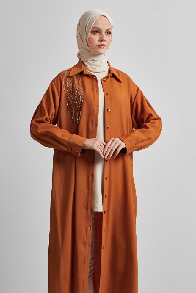 Tesettür giyim TURUNCU BONCUK İŞLEMELİ UZUN TUNİK 44783 - ALVİNA