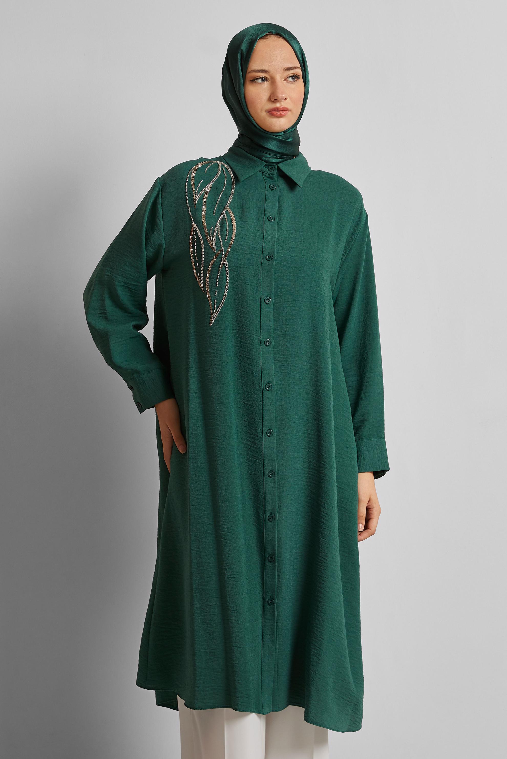 Tesettür giyim YEŞİL BONCUK İŞLEMELİ UZUN TUNİK 44783