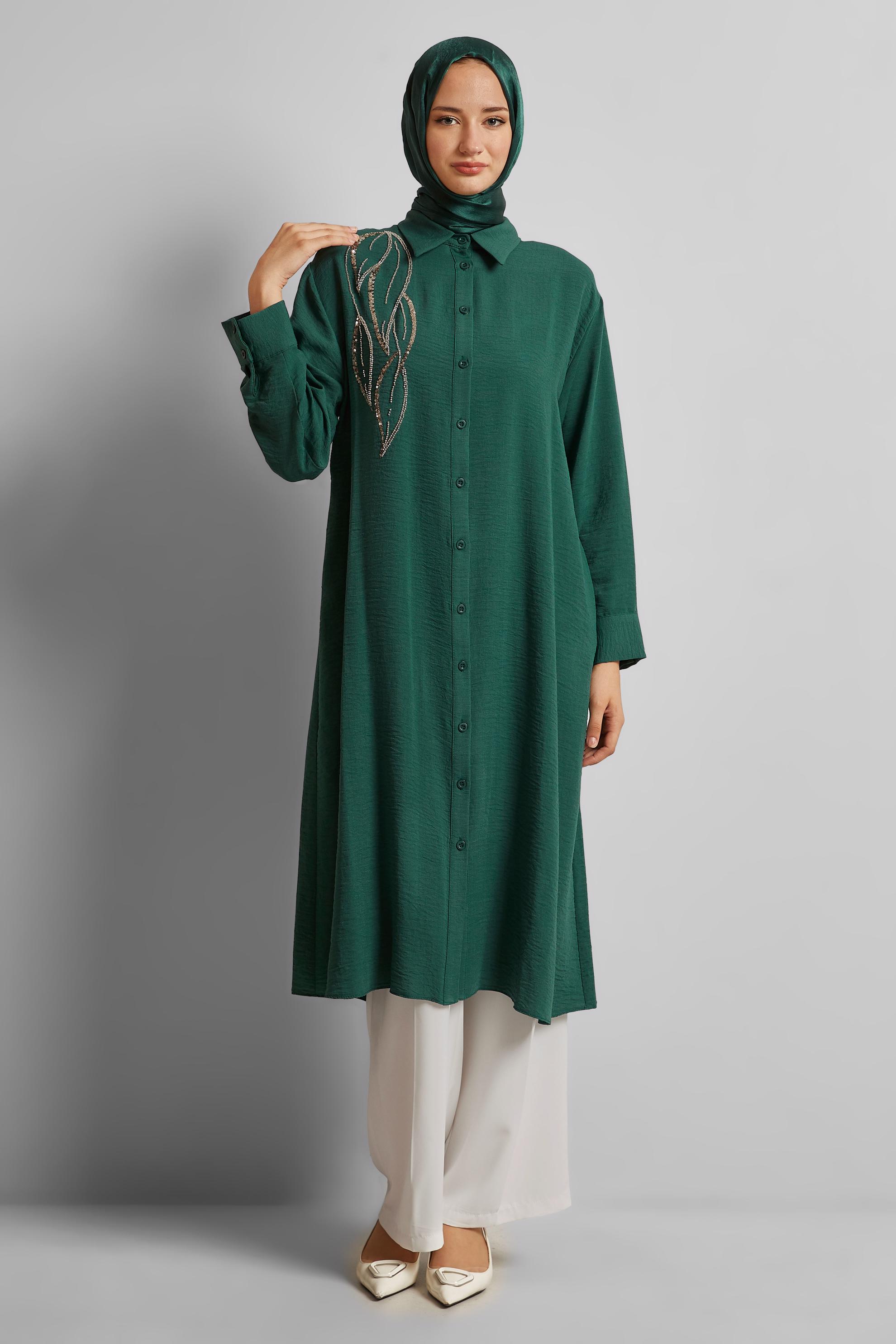 Tesettür giyim YEŞİL BONCUK İŞLEMELİ UZUN TUNİK 44783