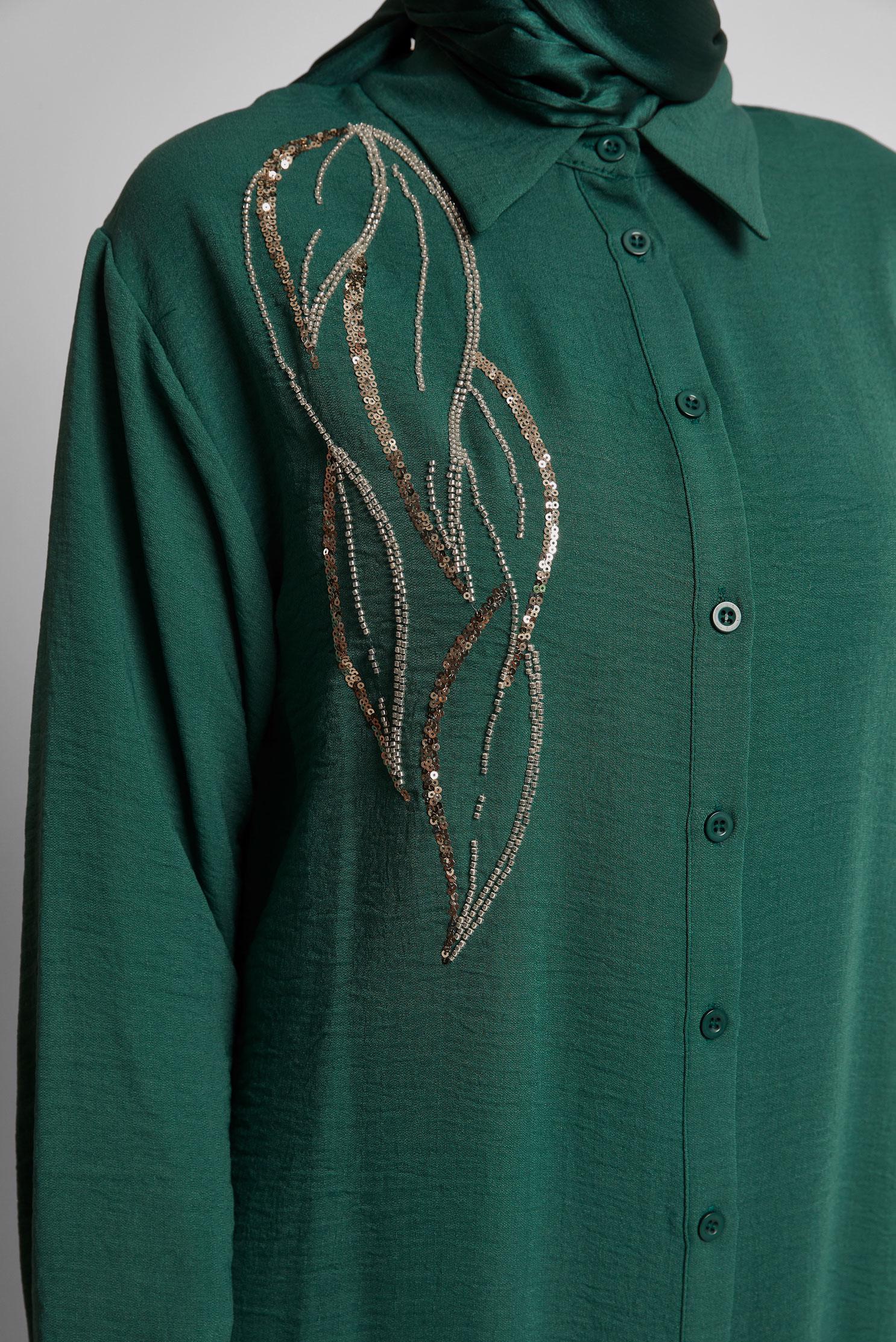 Tesettür giyim YEŞİL BONCUK İŞLEMELİ UZUN TUNİK 44783