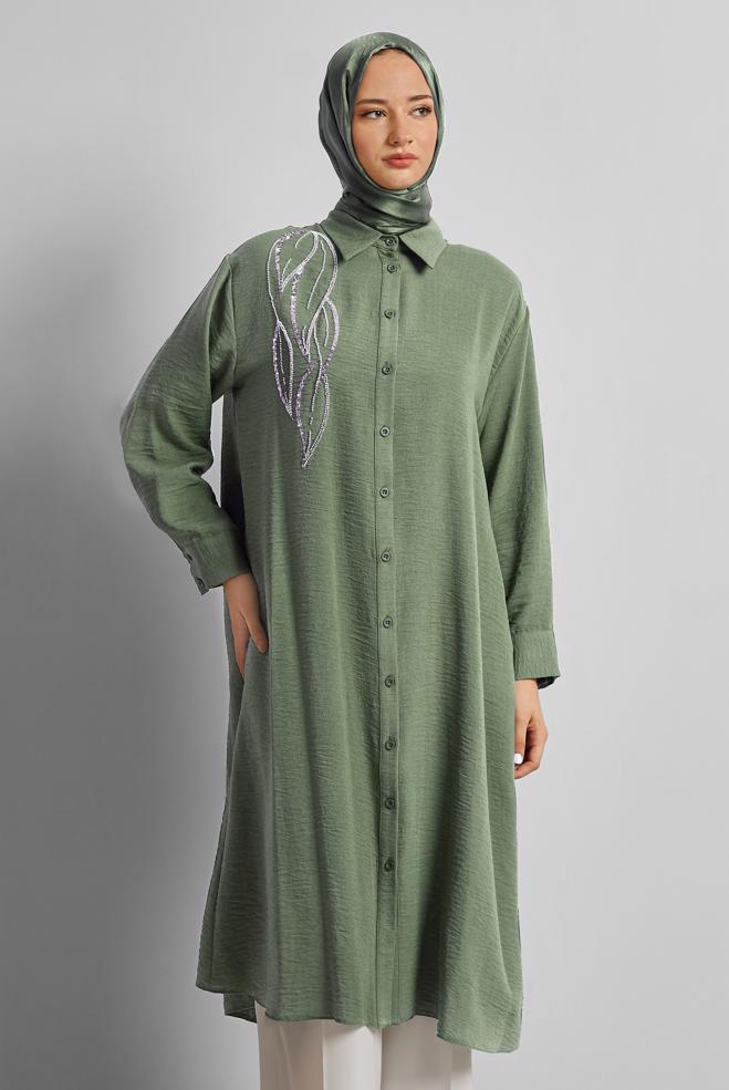 Vêtements hijab BEIGE TUNIQUE LONGUE BRODÉE DE PERLES 44783 - ALVİNA