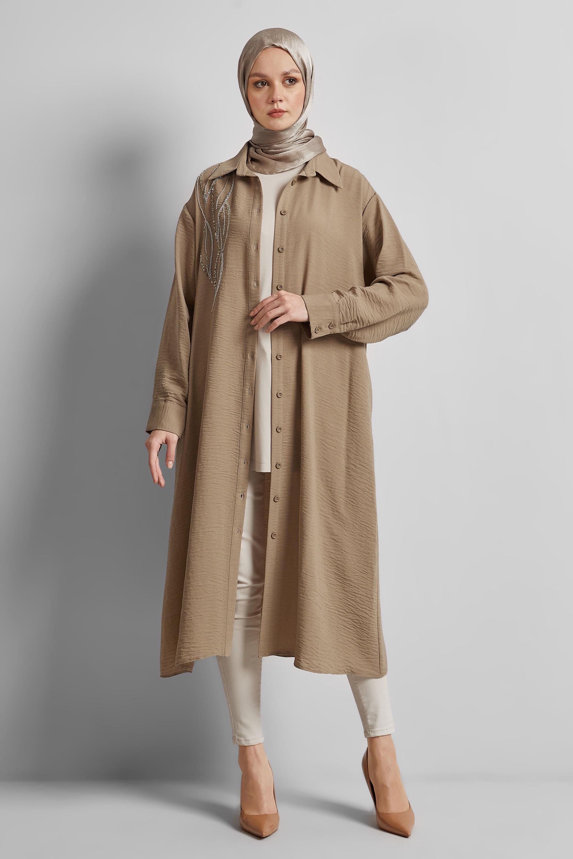 Vêtements hijab BEIGE TUNIQUE LONGUE BRODÉE DE PERLES 44783