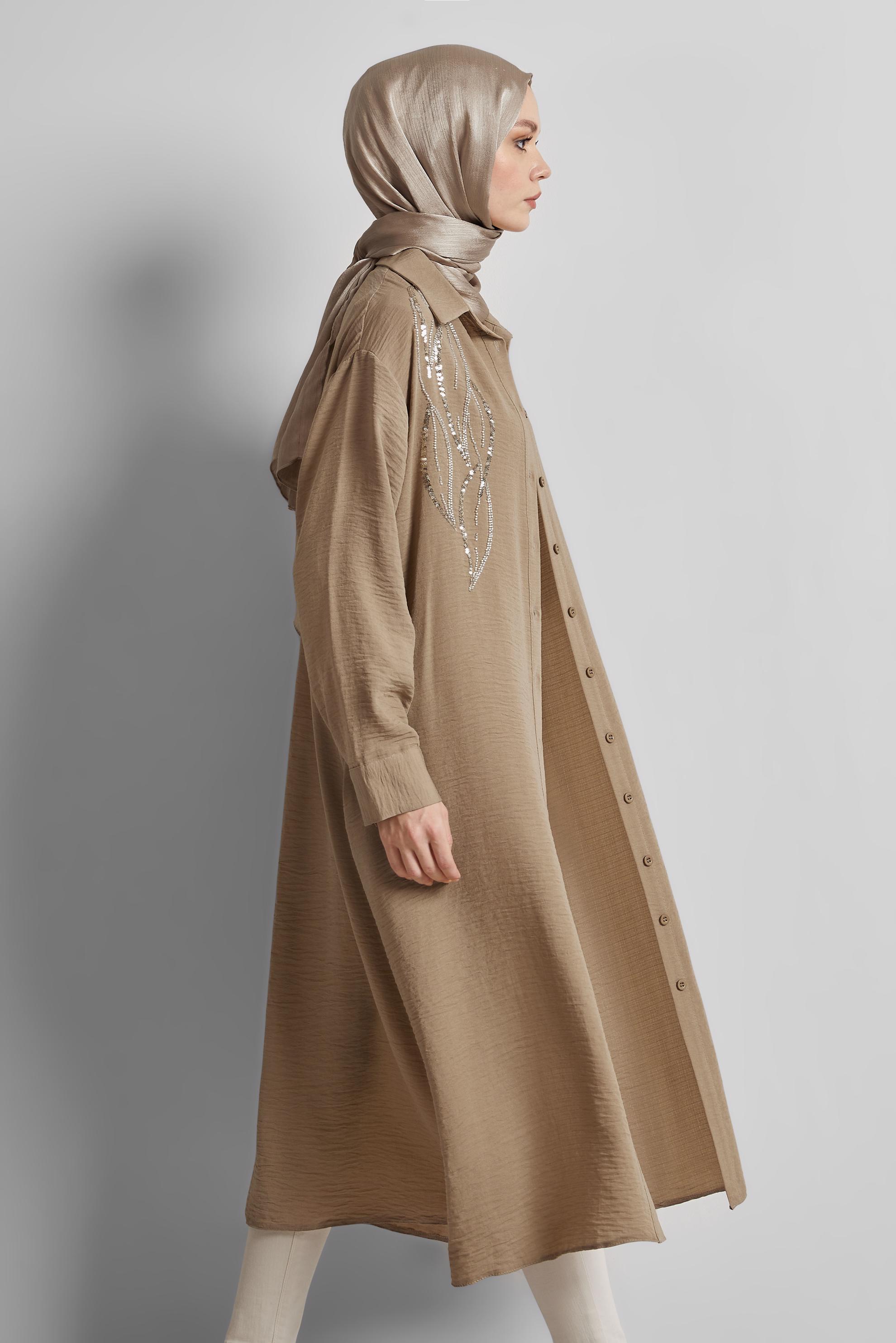 Vêtements hijab BEIGE TUNIQUE LONGUE BRODÉE DE PERLES 44783