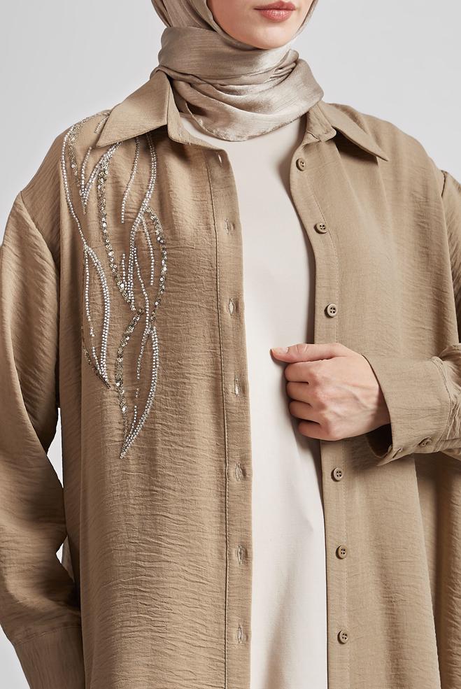 Tesettür giyim BEJ BONCUK İŞLEMELİ UZUN TUNİK 44783 - ALVİNA