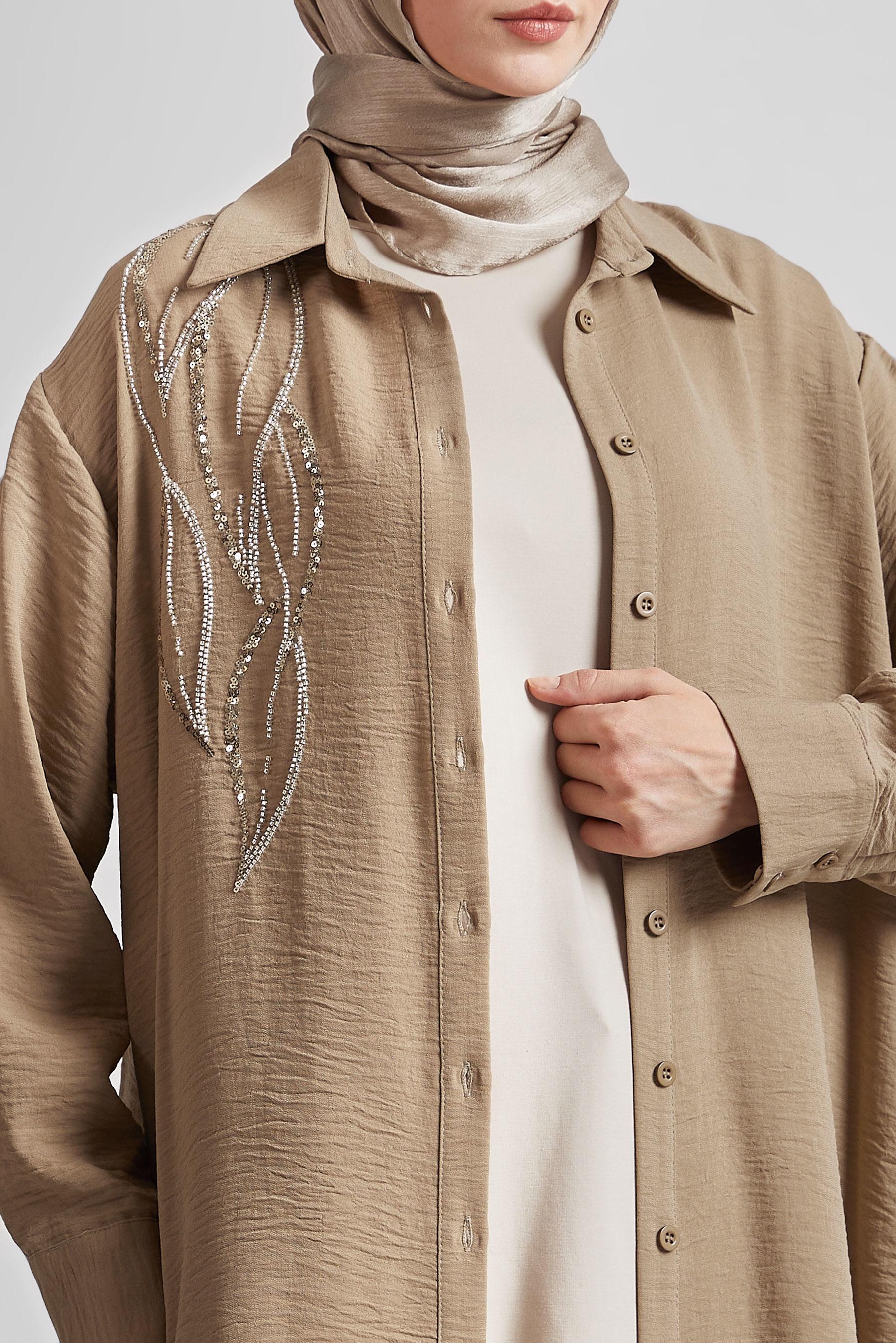 Vêtements hijab BEIGE TUNIQUE LONGUE BRODÉE DE PERLES 44783