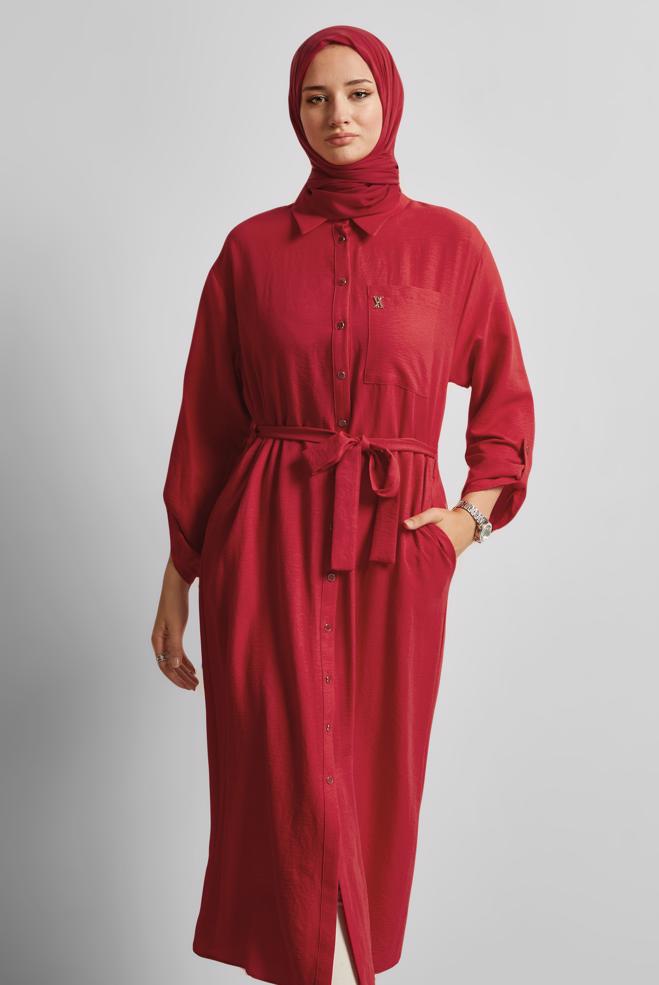 Vêtements hijab ROUGE TUNIQUE CEINTURÉE 44785 - ALVİNA