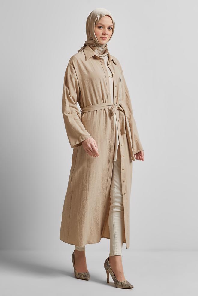 Tesettür giyim BEJ KUŞAKLI TUNİK 44785 - ALVİNA