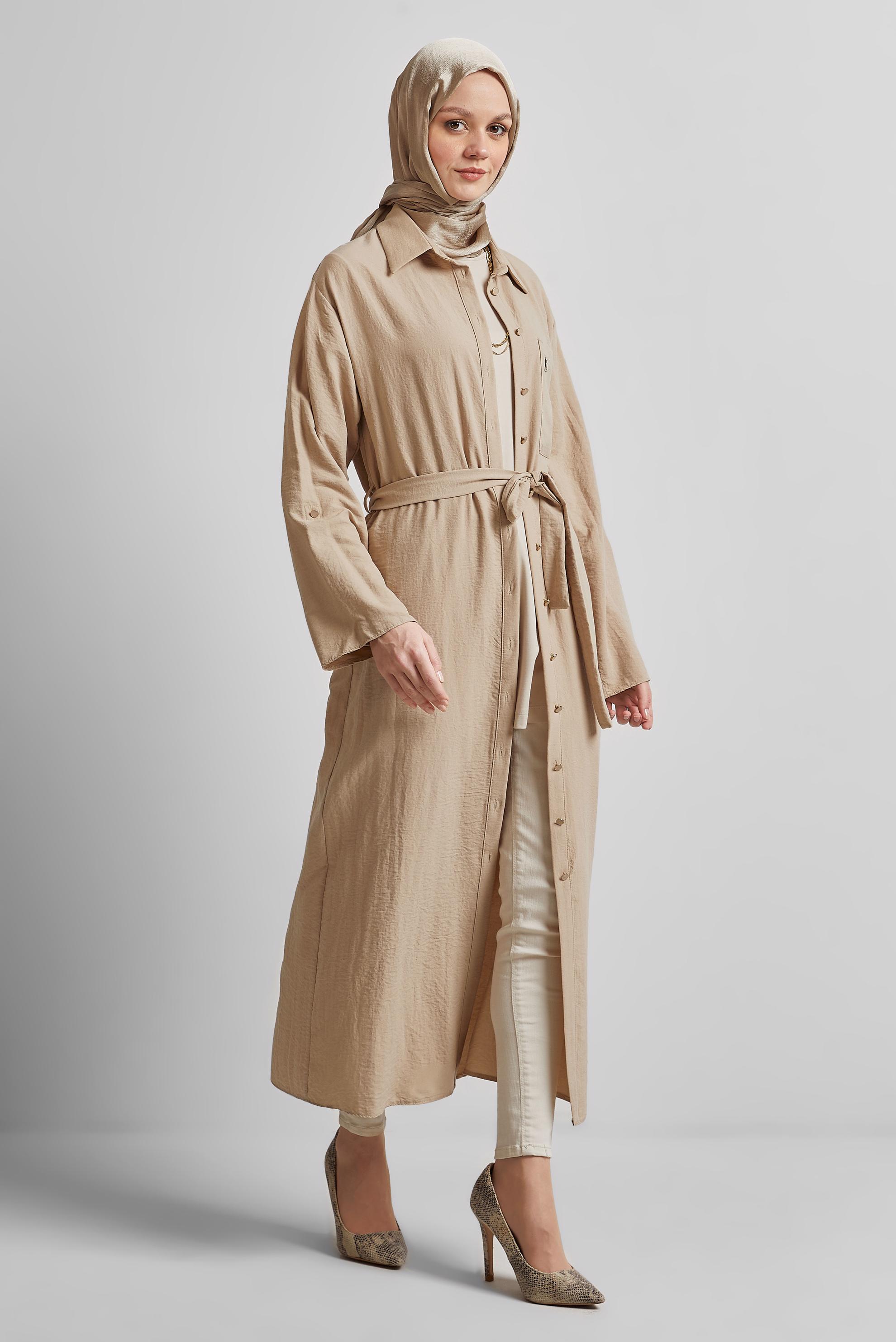 Tesettür giyim BEJ KUŞAKLI TUNİK 44785