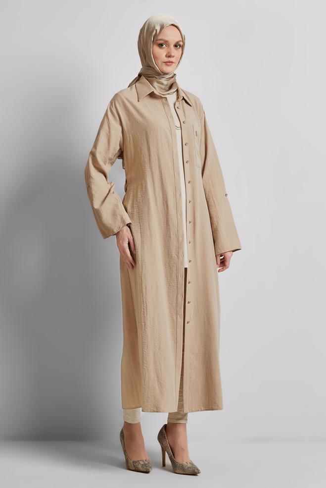 Tesettür giyim BEJ KUŞAKLI TUNİK 44785 - ALVİNA