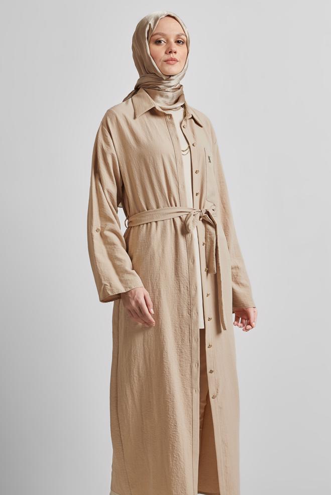 Tesettür giyim BEJ KUŞAKLI TUNİK 44785 - ALVİNA
