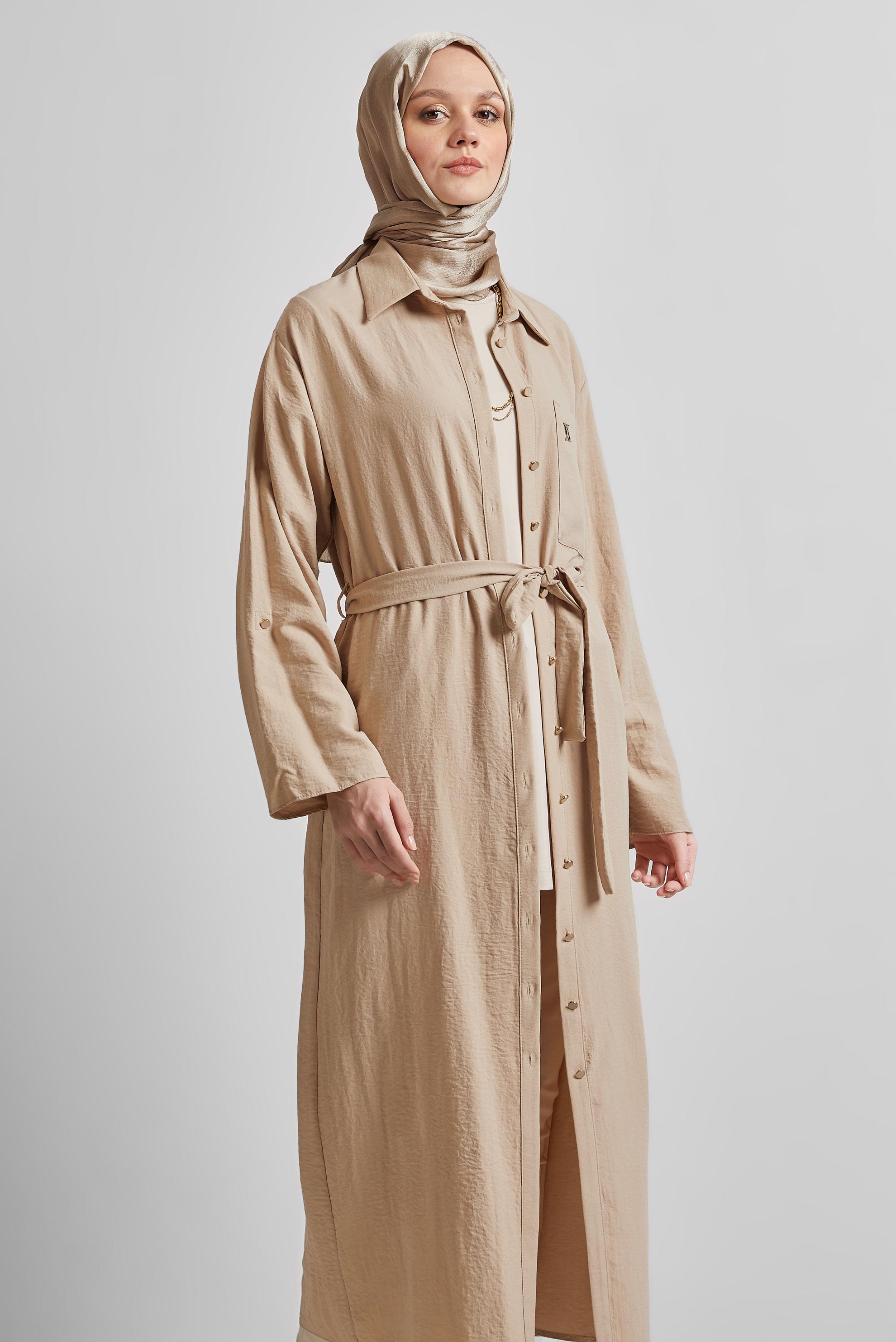 Tesettür giyim BEJ KUŞAKLI TUNİK 44785