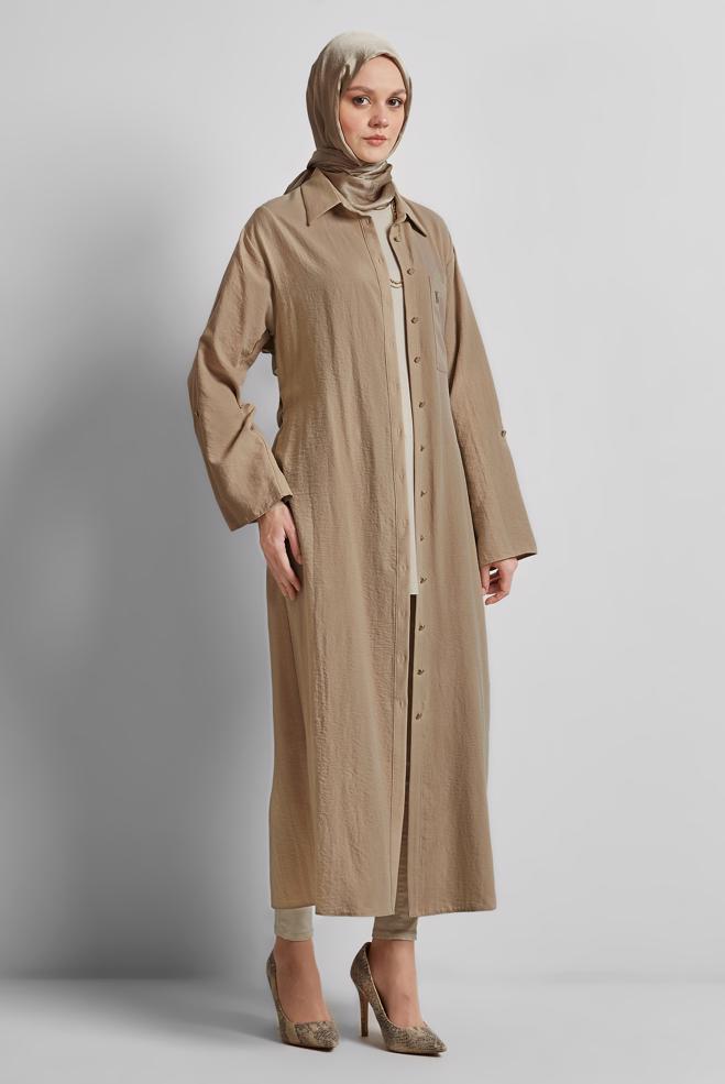 Vêtements hijab BEIGE TUNIQUE CEINTURÉE 44785 - ALVİNA
