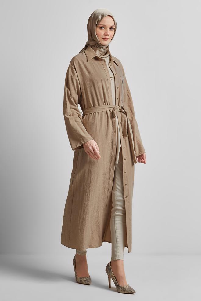 Vêtements hijab BEIGE TUNIQUE CEINTURÉE 44785 - ALVİNA