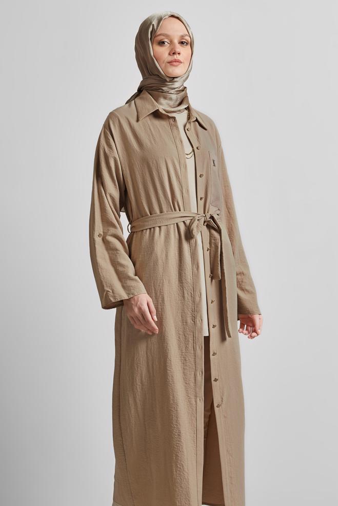 Vêtements hijab BEIGE TUNIQUE CEINTURÉE 44785 - ALVİNA