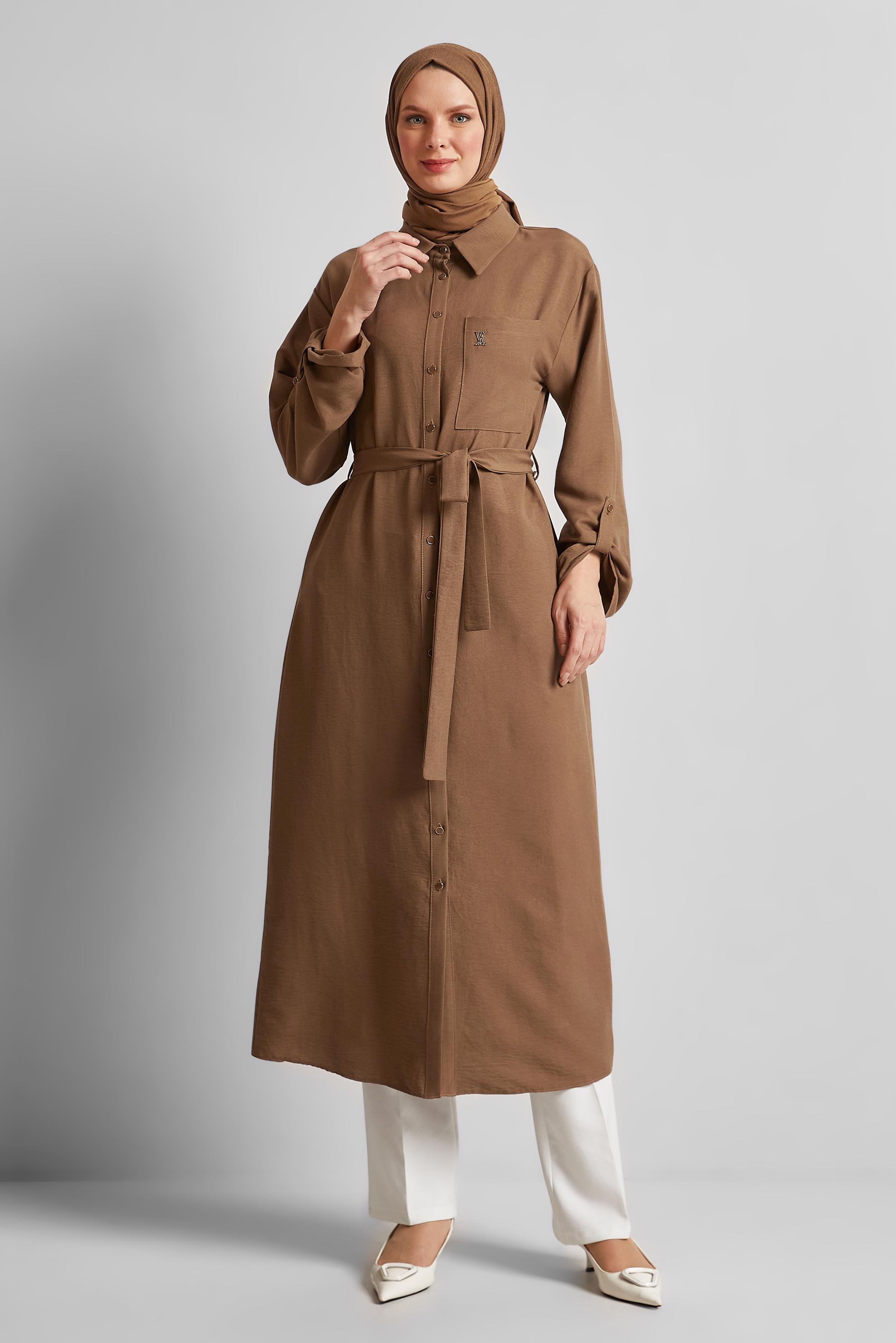 Tesettür giyim KAHVE KUŞAKLI TUNİK 44785