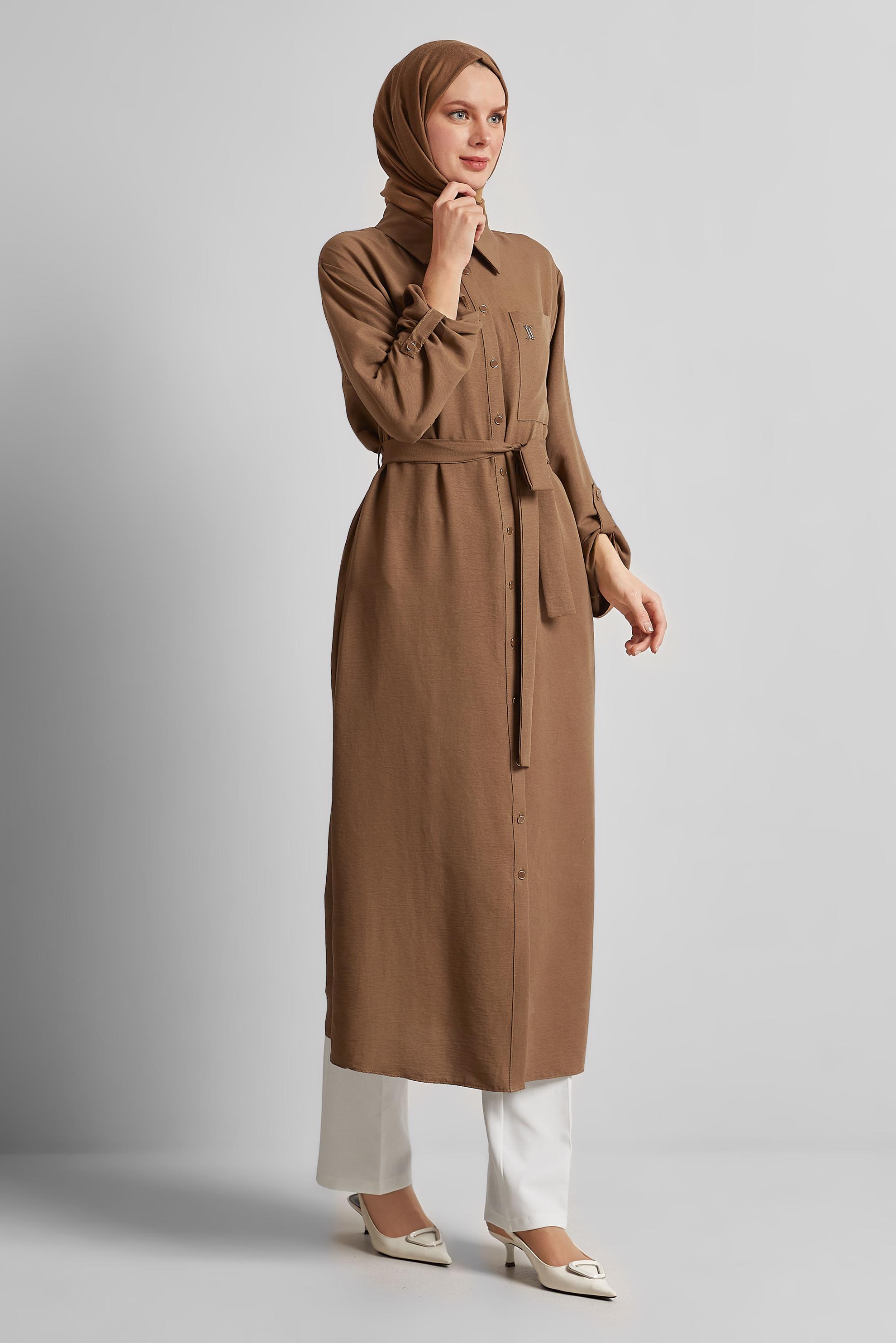Tesettür giyim KAHVE KUŞAKLI TUNİK 44785