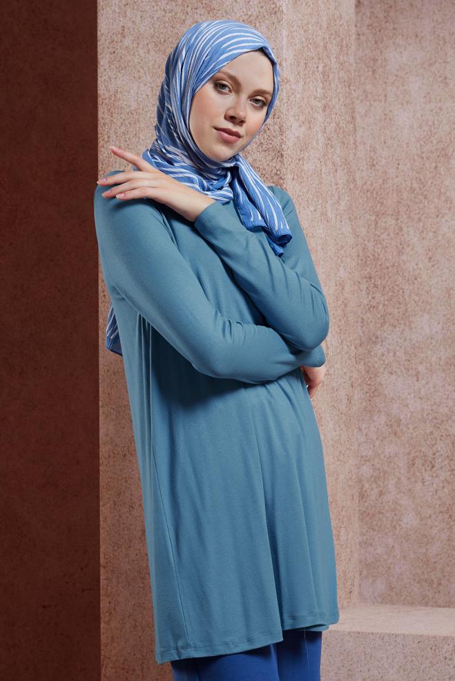 Tesettür giyim MAVİ BİSİKLET YAKA TESETTÜR TUNİK 44788 - ALVİNA