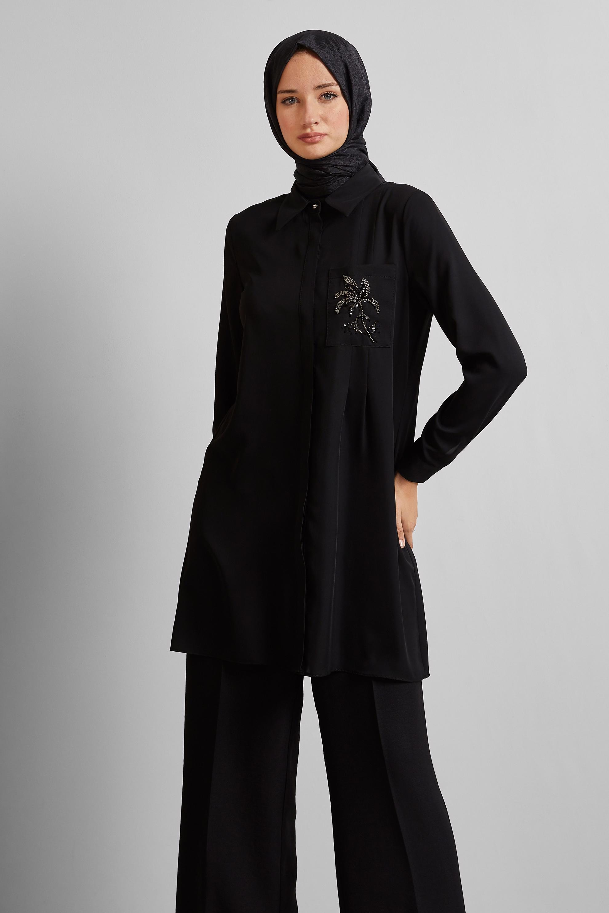 Tesettür giyim SİYAH BONCUK BASKILI TUNİK 44794