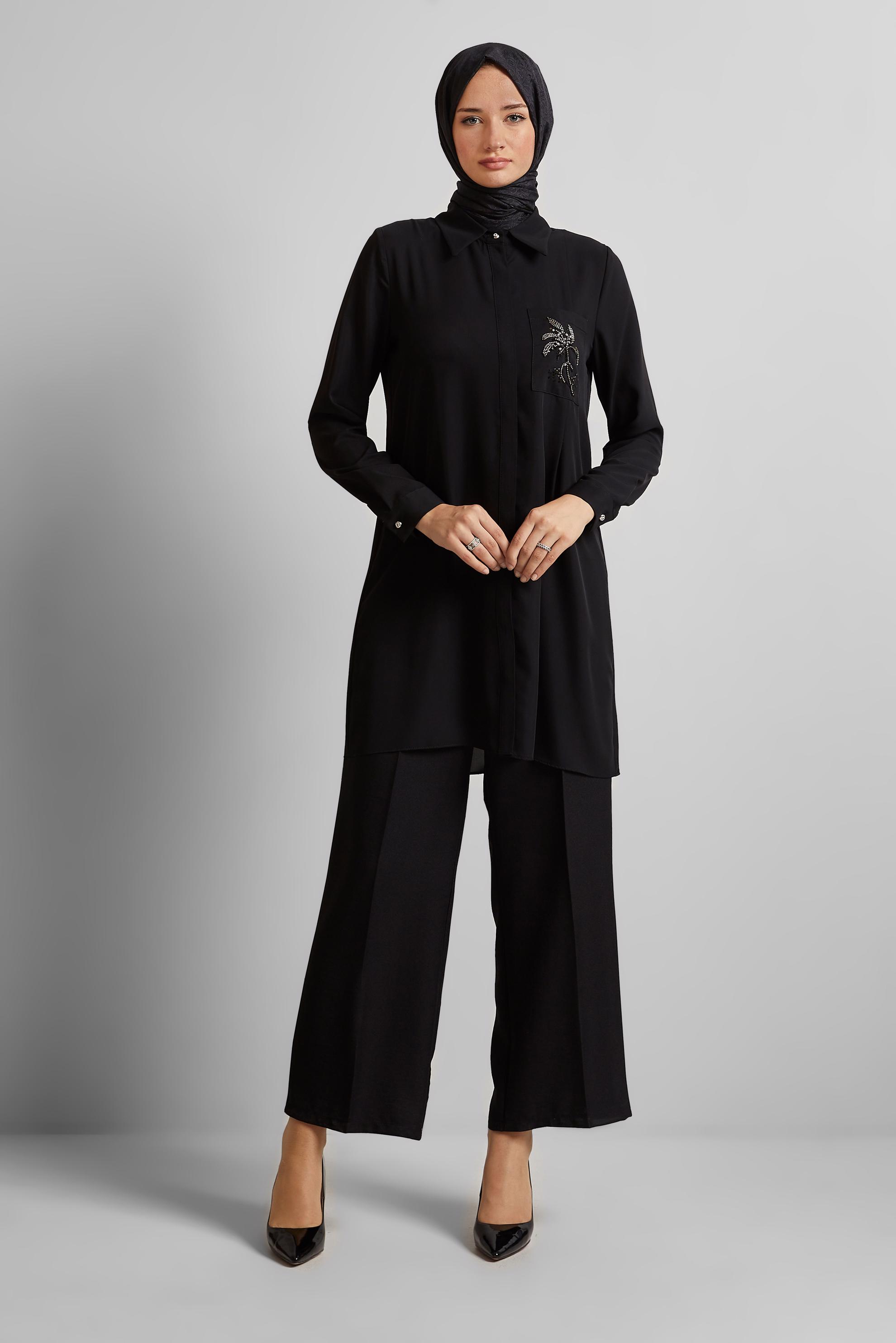 Tesettür giyim SİYAH BONCUK BASKILI TUNİK 44794