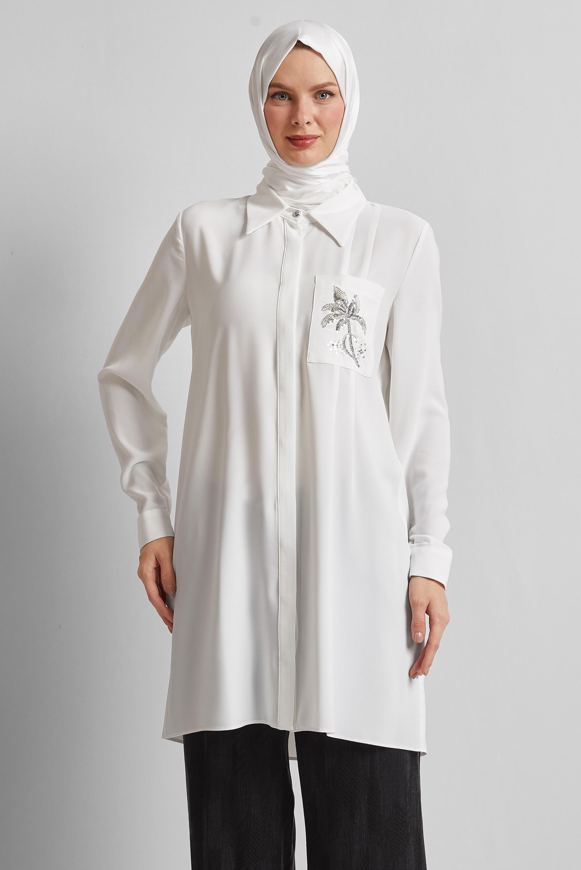 Tesettür giyim BEYAZ BONCUK BASKILI TUNİK 44794
