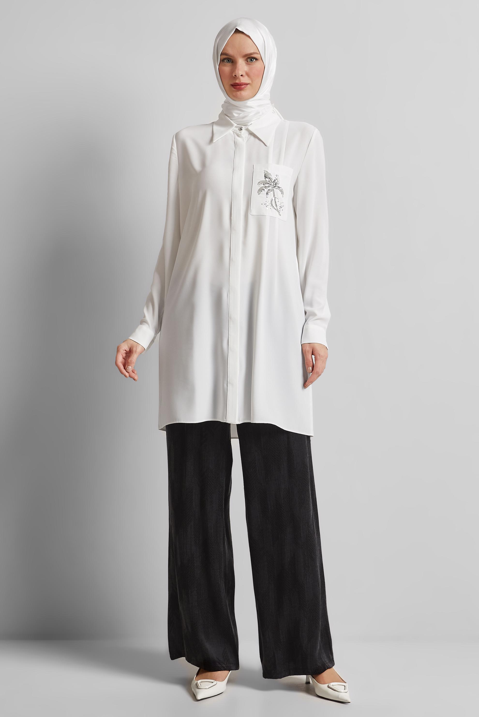 Tesettür giyim BEYAZ BONCUK BASKILI TUNİK 44794